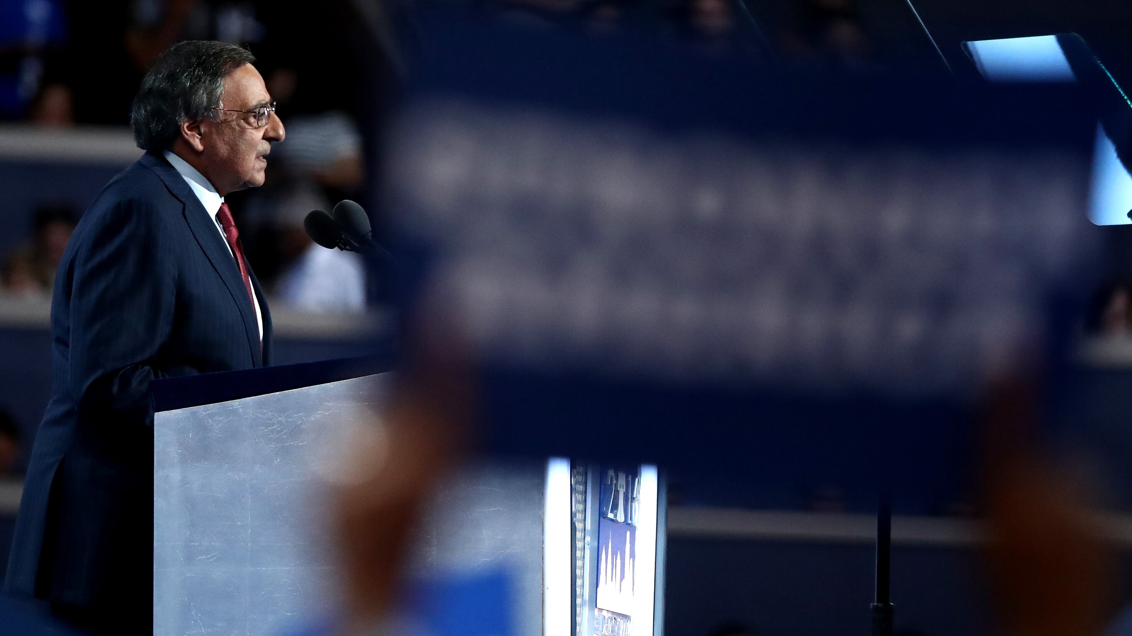 PHILADELPHIA, PA - JULY 27: Former Secretary of Defense Leon Panetta delivers a speech on the third day of the Democratic National Convention at the Wells Fargo Center, July 27, 2016 in Philadelphia, Pennsylvania. Democratic presidential candidate Hillary Clinton received the number of votes needed to secure the party's nomination. An estimated 50,000 people are expected in Philadelphia, including hundreds of protesters and members of the media. The four-day Democratic National Convention kicked off July 25. (Photo by Jessica Kourkounis/Getty Images)
