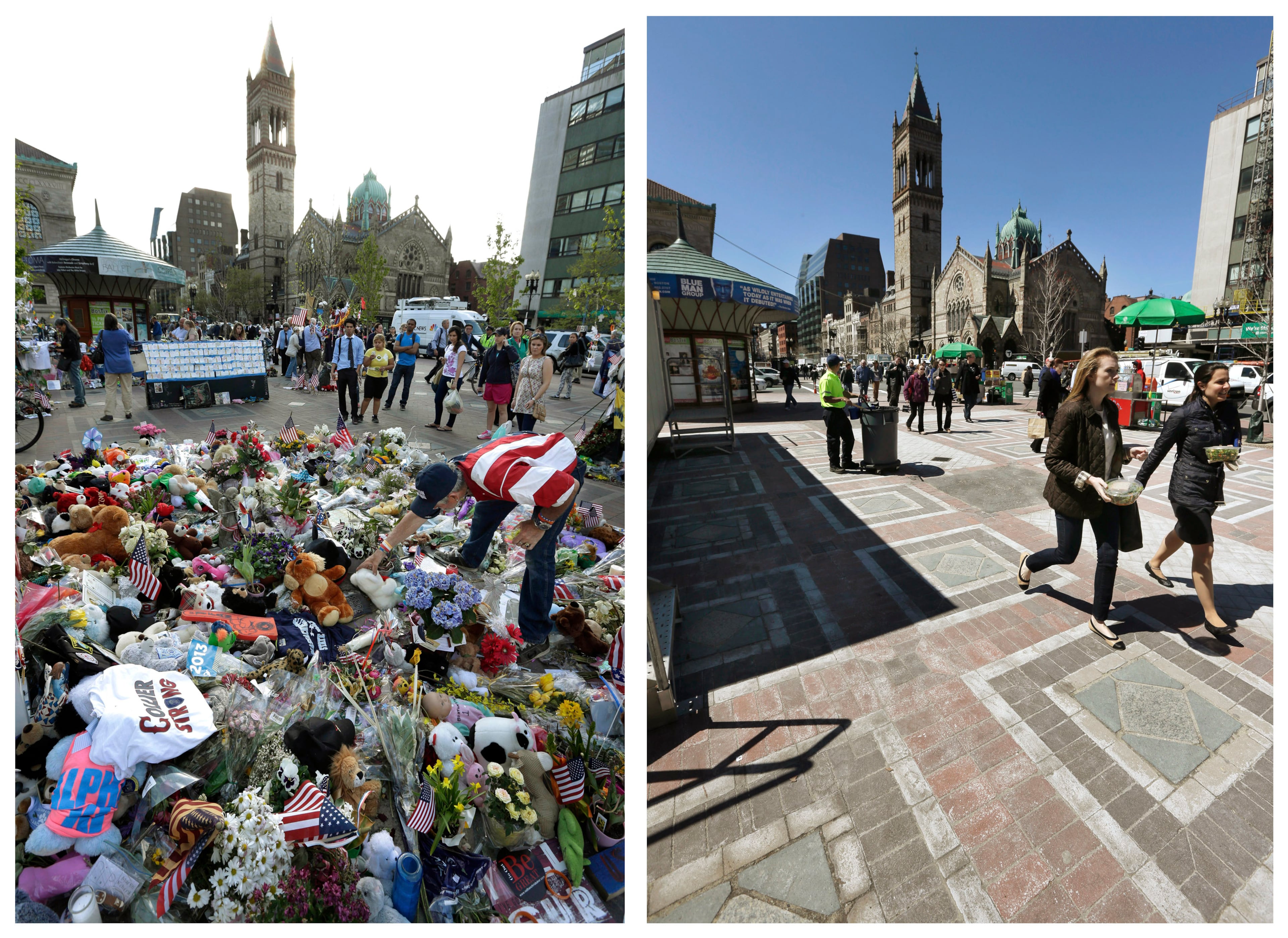 This combination of May 7, 2013 and April 10, 2014 photos shows Kevin Brown placing a Teddy bear at a makeshift memorial near the Boston Marathon finish line in Copley Square, and people walking through the same square at lunchtime nearly a year later in Boston. (AP Photo/Steven Senne)