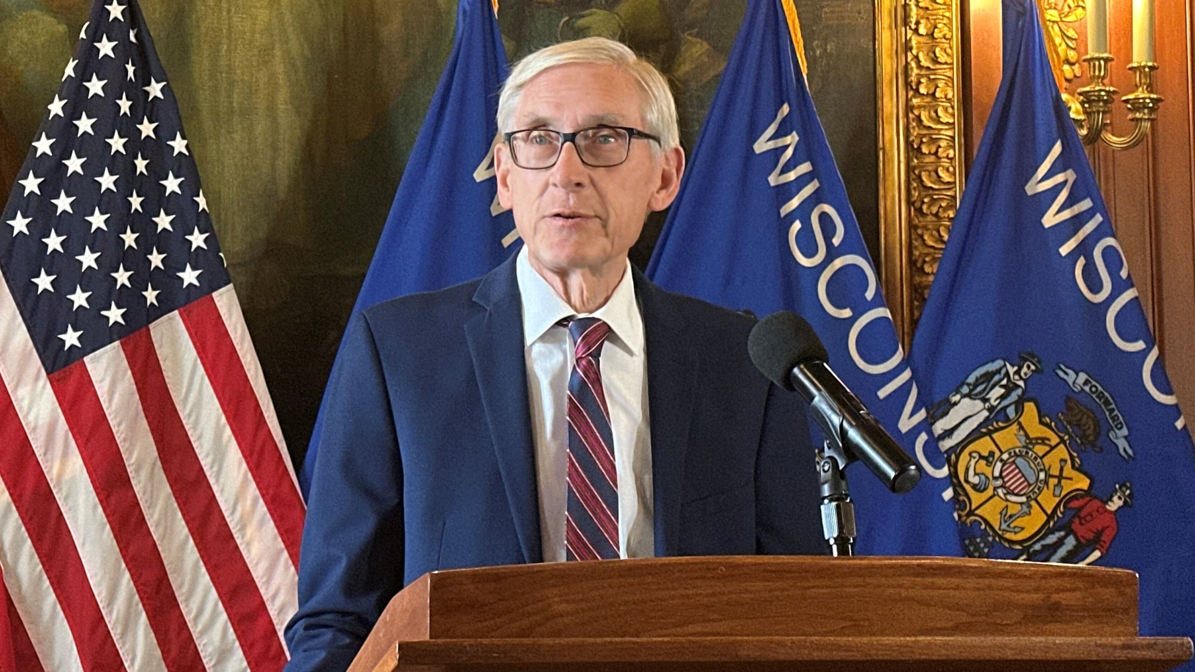 FILE - Wisconsin Gov. Tony Evers speaks during a news conference, Jan. 12, 2026, in Madison, Wis. (AP Photo/Scott Bauer, File)