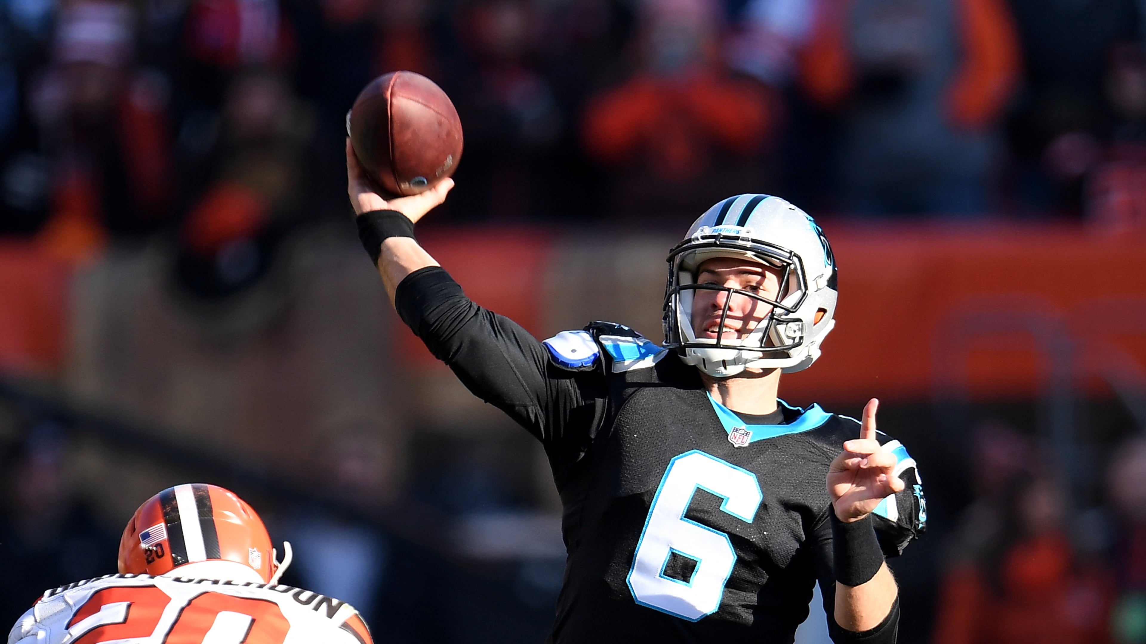 Taylor Heinicke of the Carolina Panthers passes the ball during the second quarter against the Cleveland Browns at FirstEnergy Stadium on December 9, 2018 in Cleveland, Ohio. (Photo by Jason Miller/Getty Images)