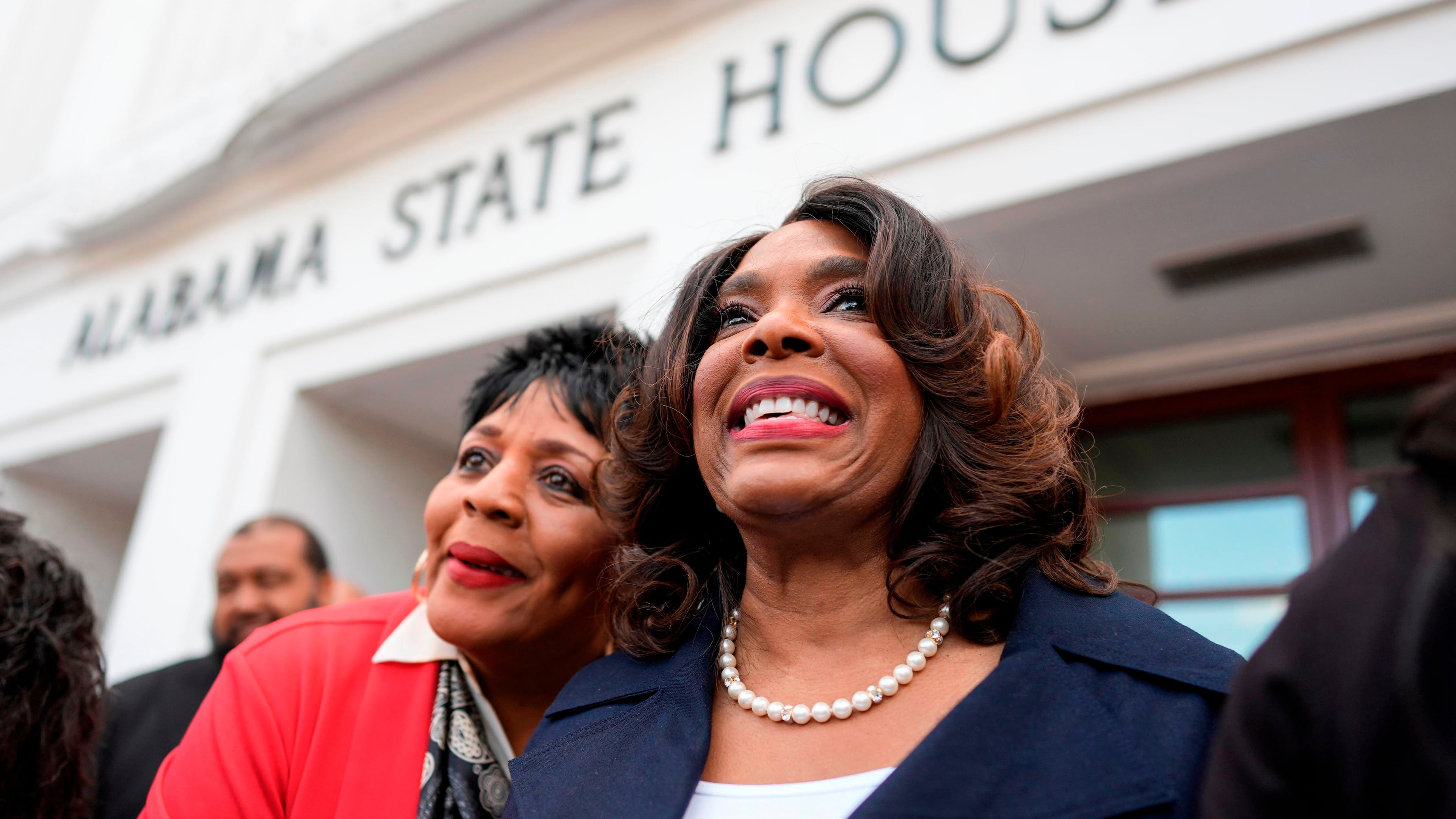 U.S. Rep. Terri Sewell, D-Ala., speaks outside the Alabama state house during a special session of the Alabama Legislature, Tuesday, May 5, 2026, in Montgomery, Ala. (AP Photo/Mike Stewart)