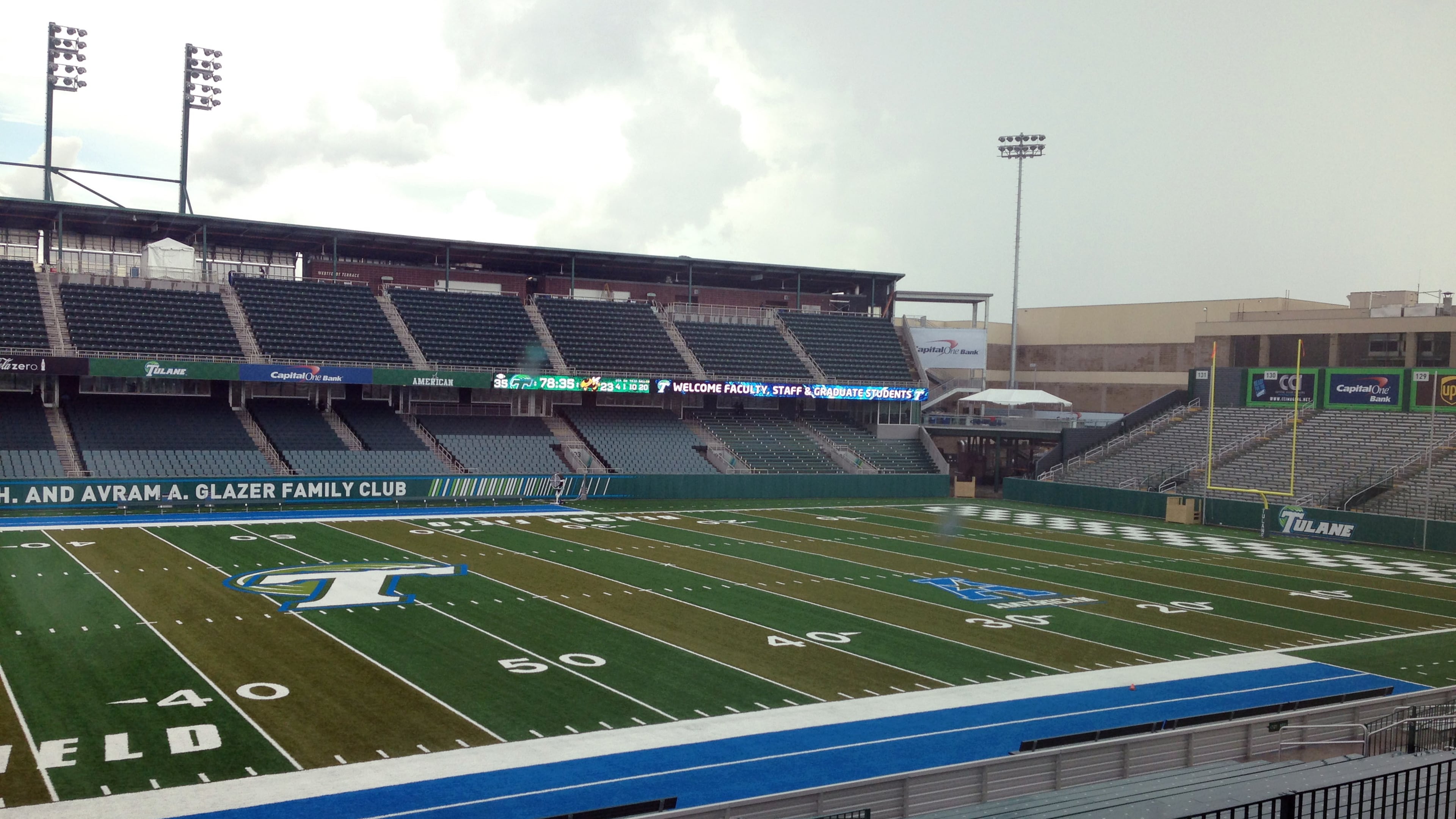 In this photo taken Thursday, Sept. 4, 2014, recently completed Yulman Stadium is viewed in New Orleans, La. The stadium will bring back NCAA college football to Tulane's campus for the first time since 1974 on Saturday with a game against Georgia Tech. (AP Photo/Brett Marrtel)