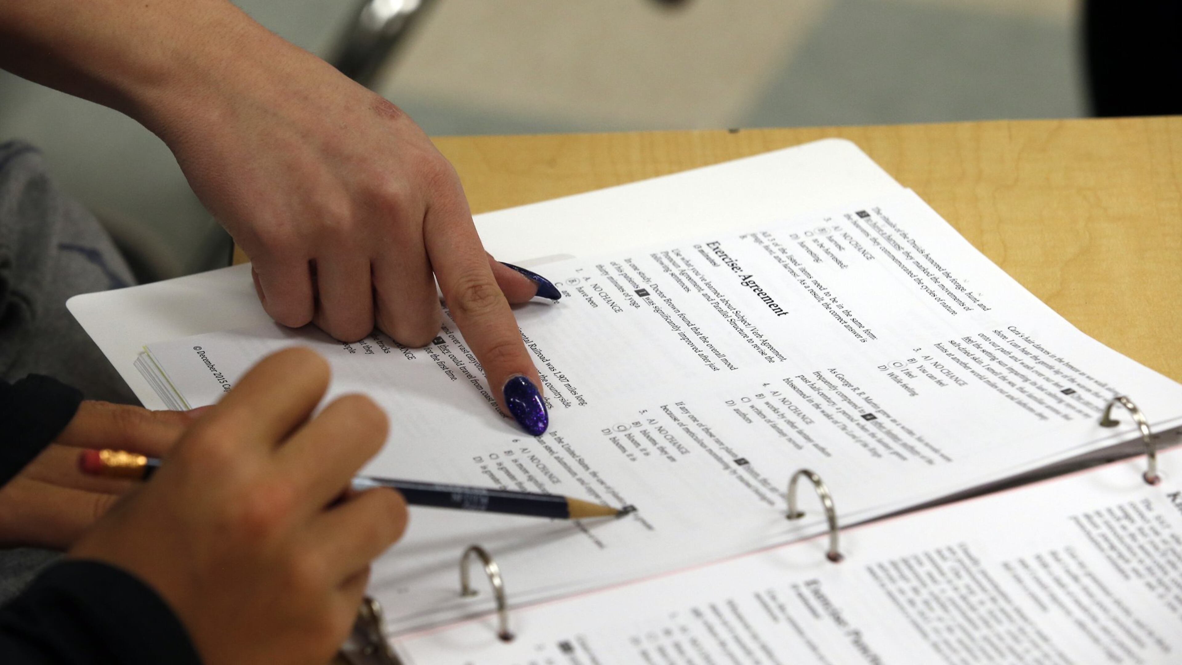 Katerina Maylock, with Capitals Educators, points on a student’s worksheet as she teaches a test-preparation class at Holton Arms School, Sunday, Jan. 17, 2016 in Bethesda, Md. Alex Brandon / Associated Press