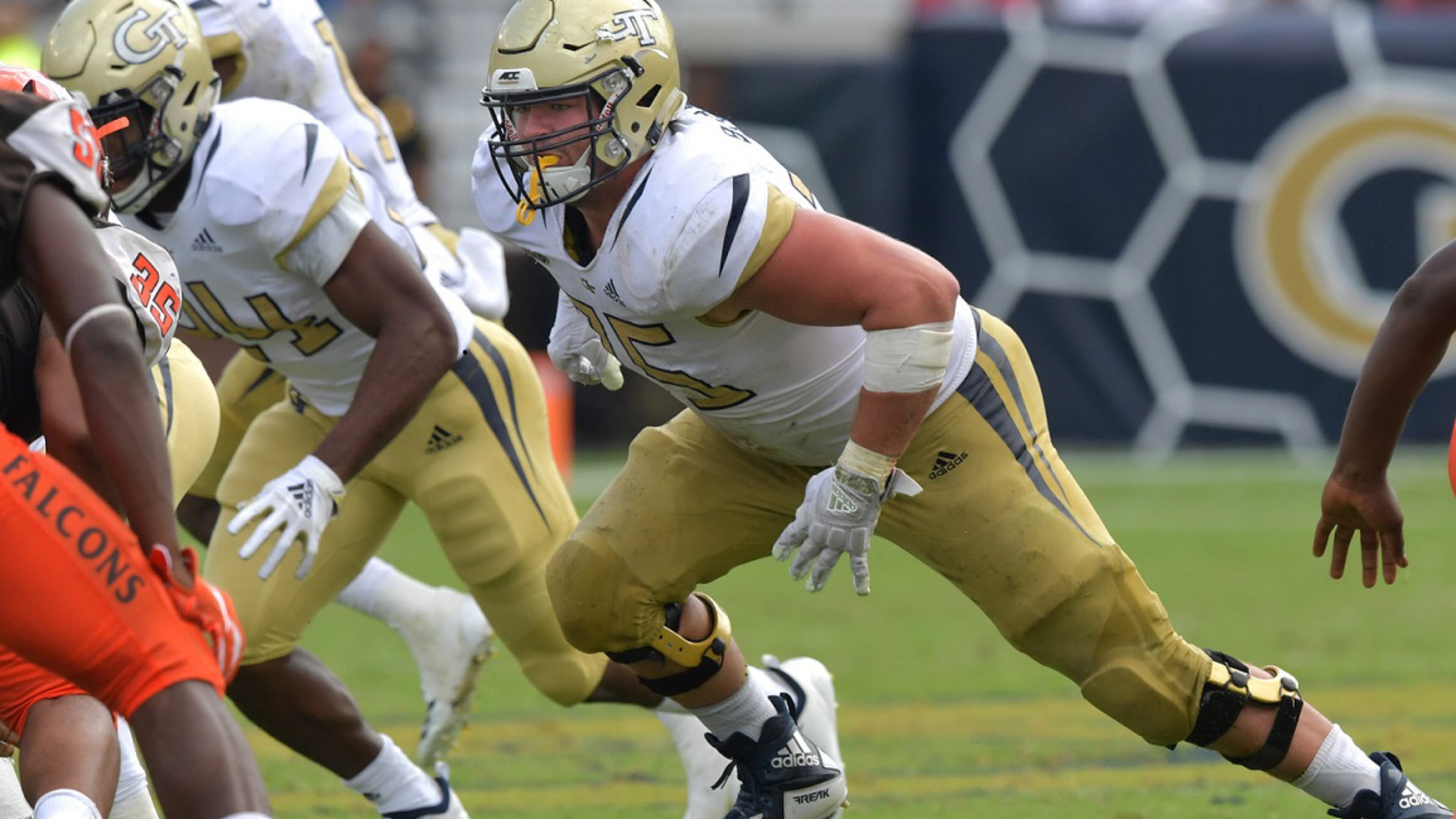 Georgia Tech offensive lineman Parker Braun (75) in the second half at Bobby Dodd Stadium on Saturday, September 29, 2018. HYOSUB SHIN / HSHIN@AJC.COM (For Ken Sugiura's story)