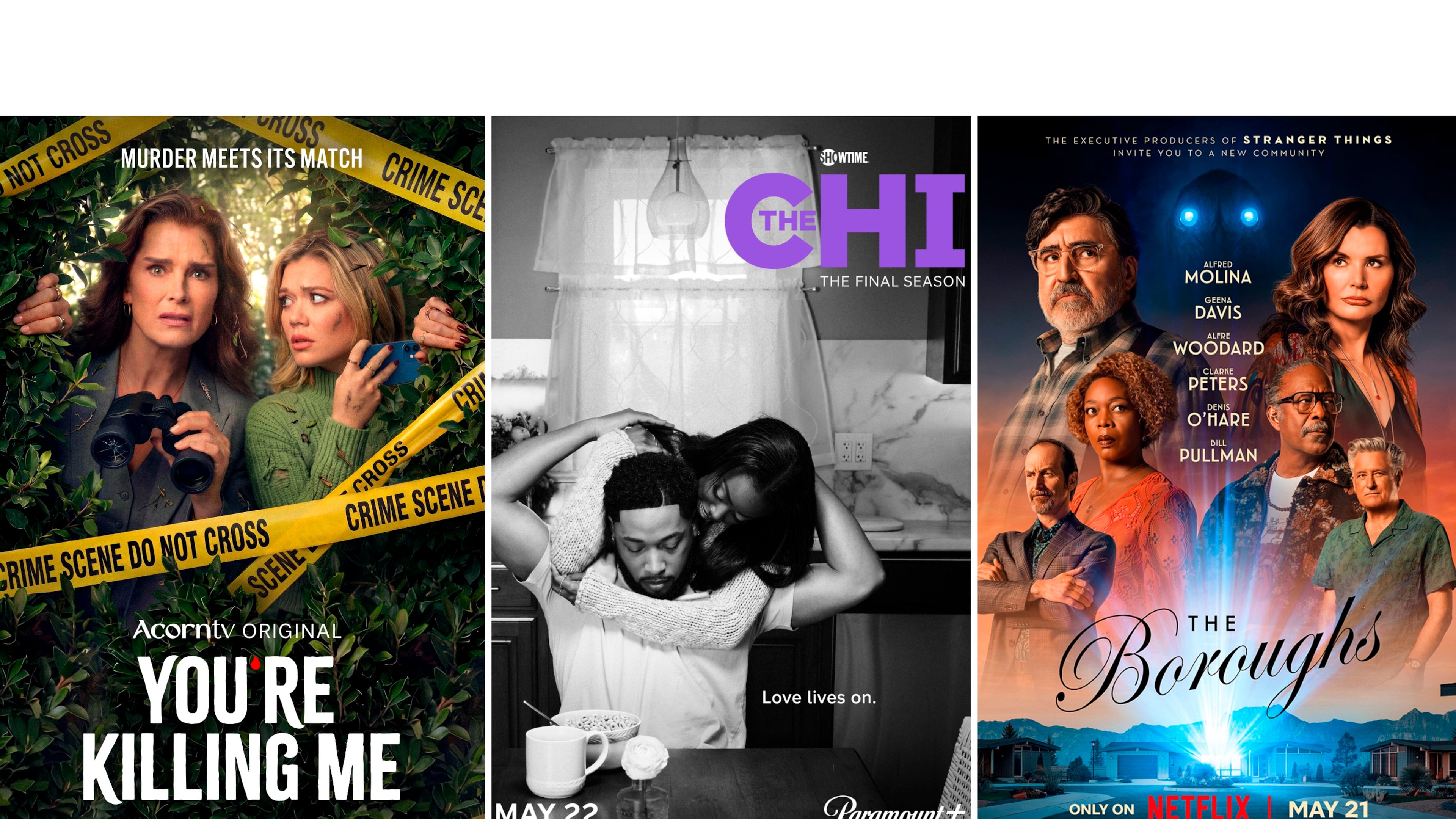 This combination of images show promotional art for "You're Killing Me," from left, "The Chi," and "The Boroughs." (Acorn TV/Showtime/Netflix via AP)