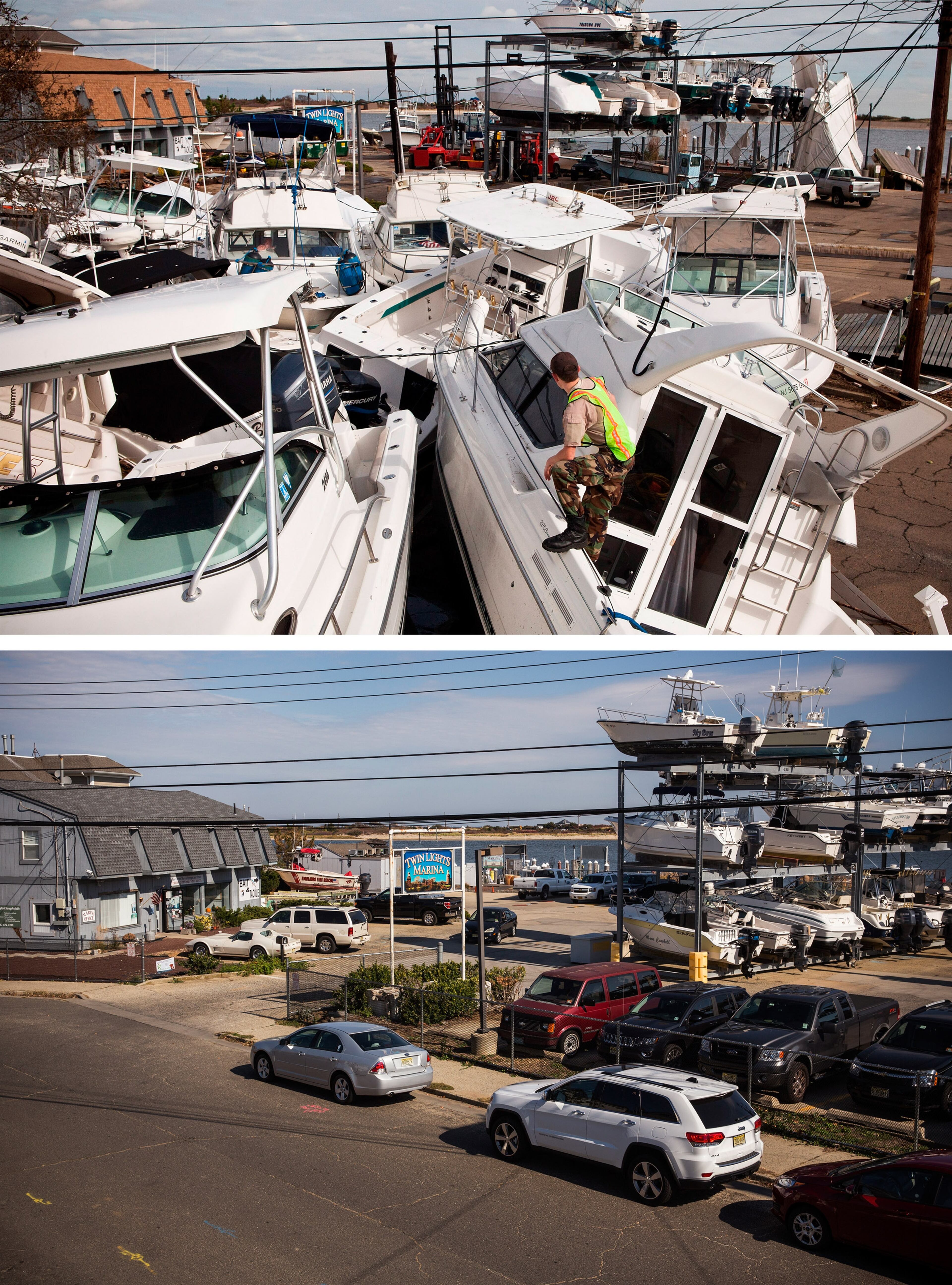 HIGHLANDS, NJ - NOVEMBER 1: (top) A volunteer surveys a pile of boats, which were moved by Superstorm Sandy, on November 1, 2012 in Highlands, New Jersey. HIGHLANDS, NJ - OCTOBER 22: (bottom) Boats are stored at a marina in Highlands, New Jersey October 22, 2013. Hurricane Sandy made landfall on October 29, 2012 near Brigantine, New Jersey and affected 24 states from Florida to Maine and cost the country an estimated $65 billion. (Photos by Andrew Burton/Getty Images)