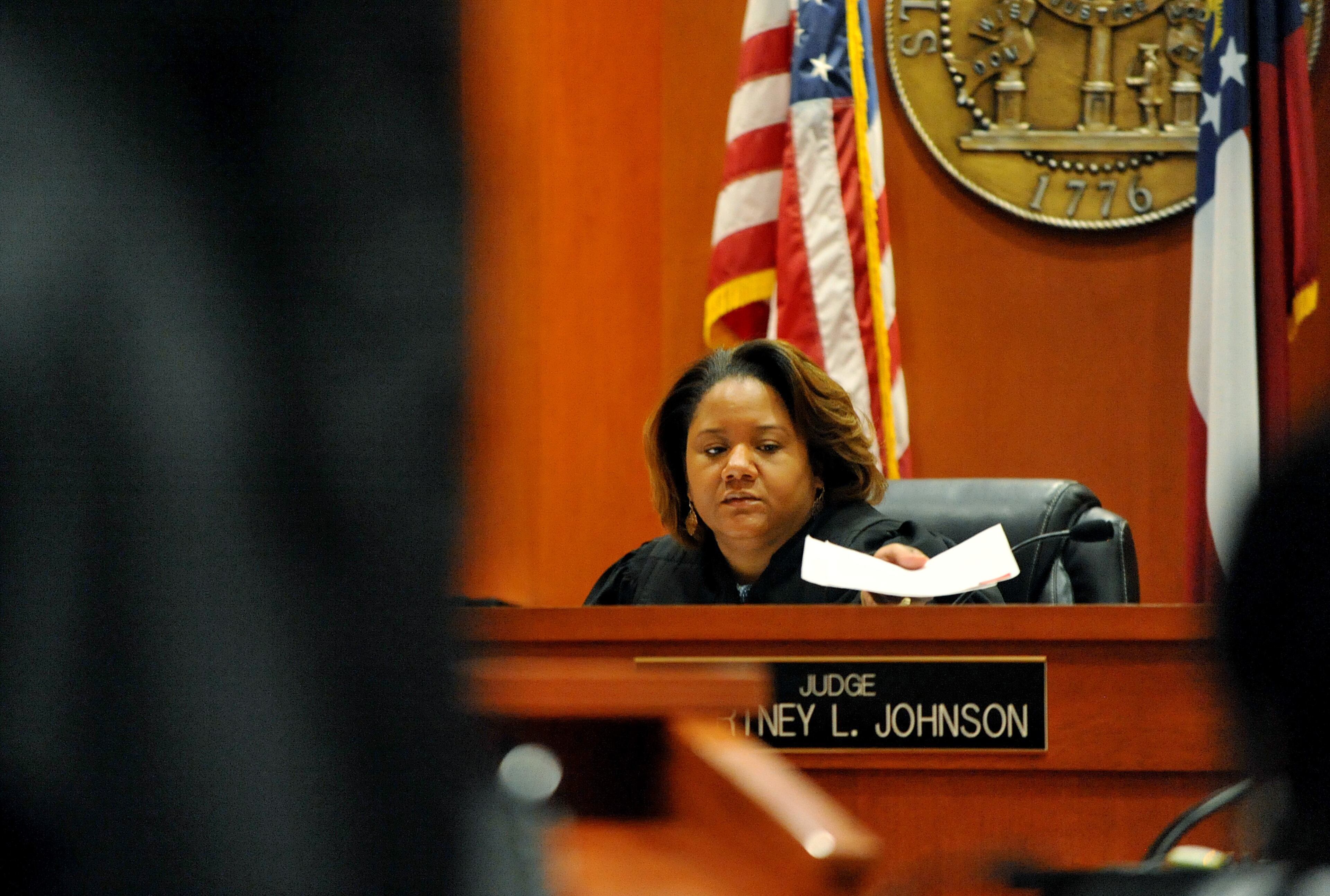 UPDATE: On July 1, Burrell Ellis was found guilty on three counts of perjury and one count of attempt to extort out of nine total counts against him. June 30 -- DeKalb Superior Court Judge Courtney L. Johnson responds to a question from the jury as deliberations continue for a fifth day in the retrial of embattled DeKalb CEO Burrell Ellis before Superior Court Judge Courtney Johnson Monday, June 30, 2015.