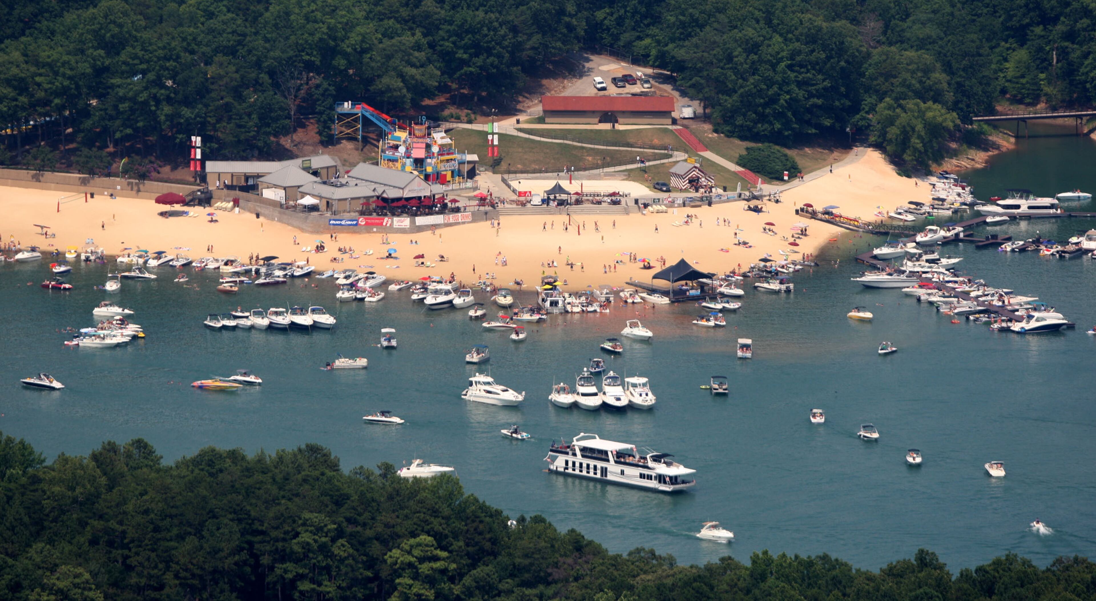 Hundreds of boats anchor together in Sunset Cove at Lanier Islands resort in Buford, Ga.