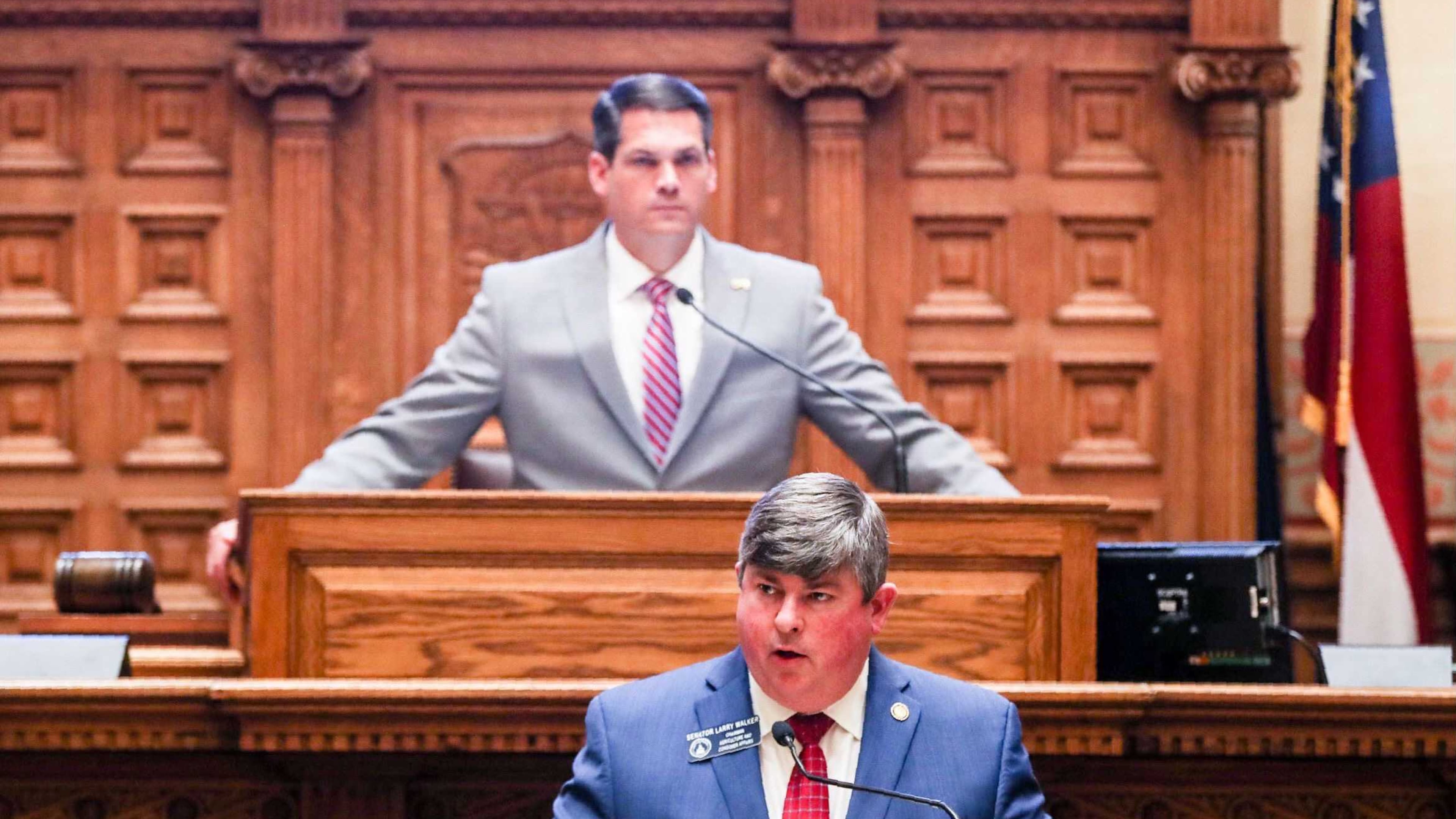 Georgia Lt. Gov. Geoff Duncan watches Tuesday as Sen. Larry Walker speaks about Senate Bill 67, which would require voters to provide a driver’s license number, state ID number or a copy of photo ID when requesting absentee ballots.
