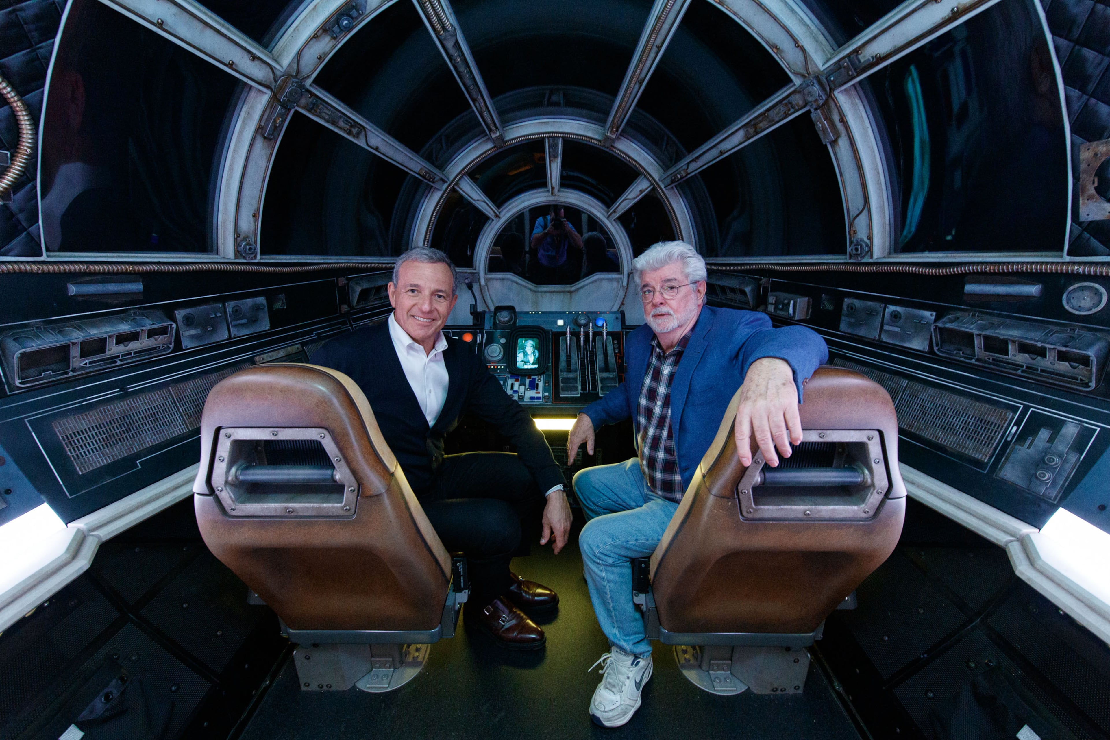 Bob Iger and George Lucas Tour Star Wars: Galaxyâs Edge at Disneyland Park Ahead of Opening
Bob Iger, Walt Disney Company Chairman and CEO (left), and George Lucas, Star Wars creator, pose inside Millennium Falcon: Smugglers Run at Star Wars: Galaxyâs Edge at Disneyland Park in Anaheim, California, May 29, 2019. Star Wars: Galaxyâs Edge opens May 31, 2019, at Disneyland Resort in California and Aug. 29, 2019, at Walt Disney World Resort in Florida.Â