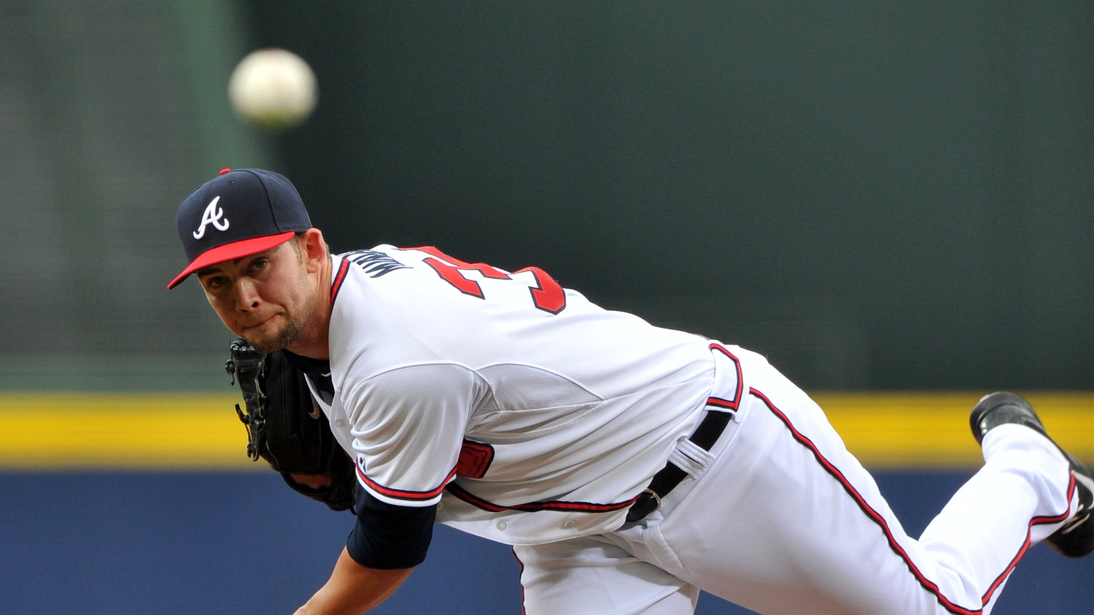 Braves pitcher Mike Minor pitches in the 1st inning against the San Francisco Giants Friday May 2, 2014. Minor was making his first start of the season after suffering shoulder tendonitis during spring training. Minor gave up a home run on the second pitch of the game.