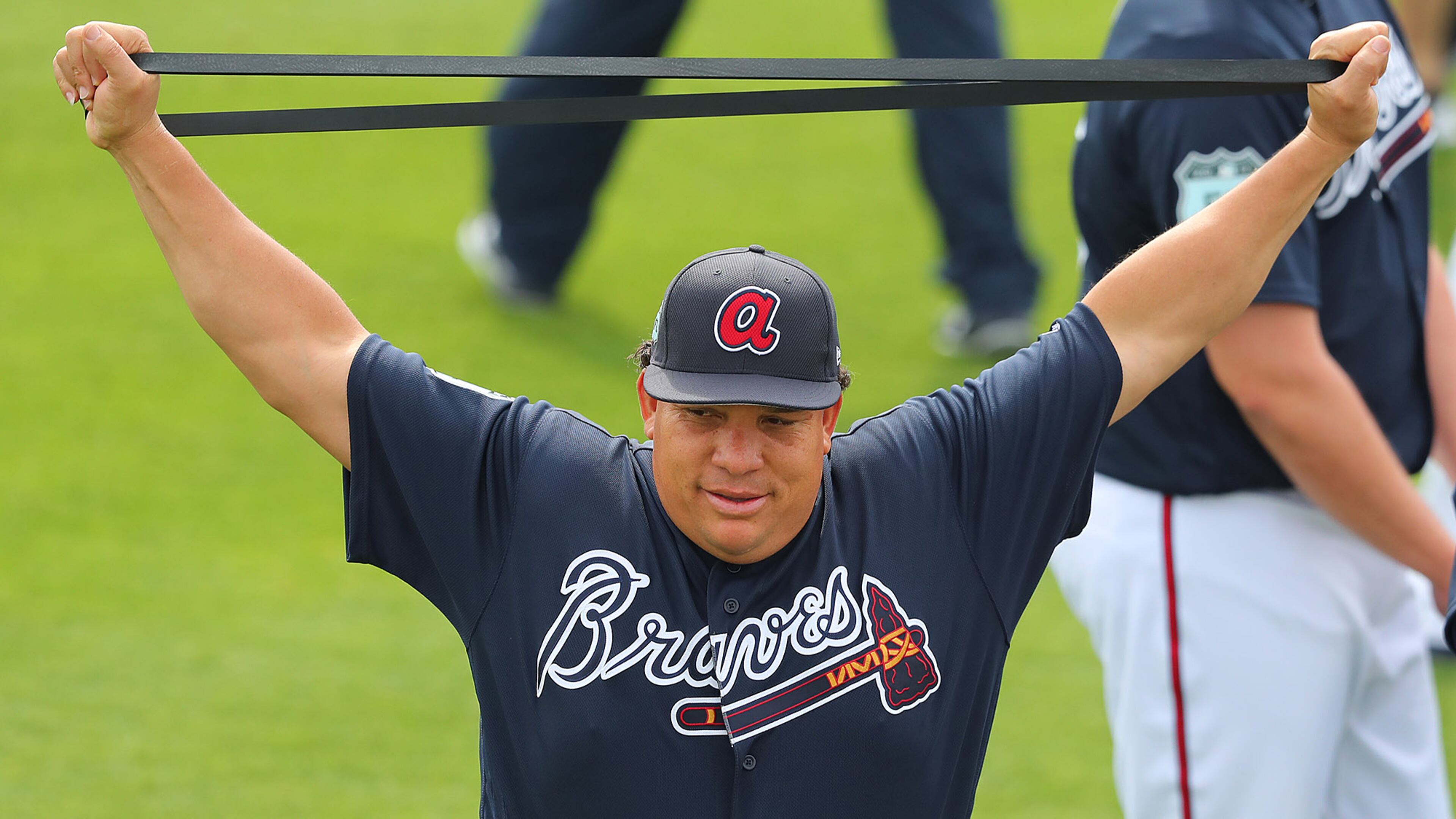 February 15, 2017, Lake Buena Vista, FL: Braves pitcher Bartolo Colon loosens up while pitchers and catchers hold their first spring training workout on Wednesday Feb. 15, 2017, at the ESPN Wide World of Sports in Lake Buena Vista. Curtis Compton/ccompton@ajc.com