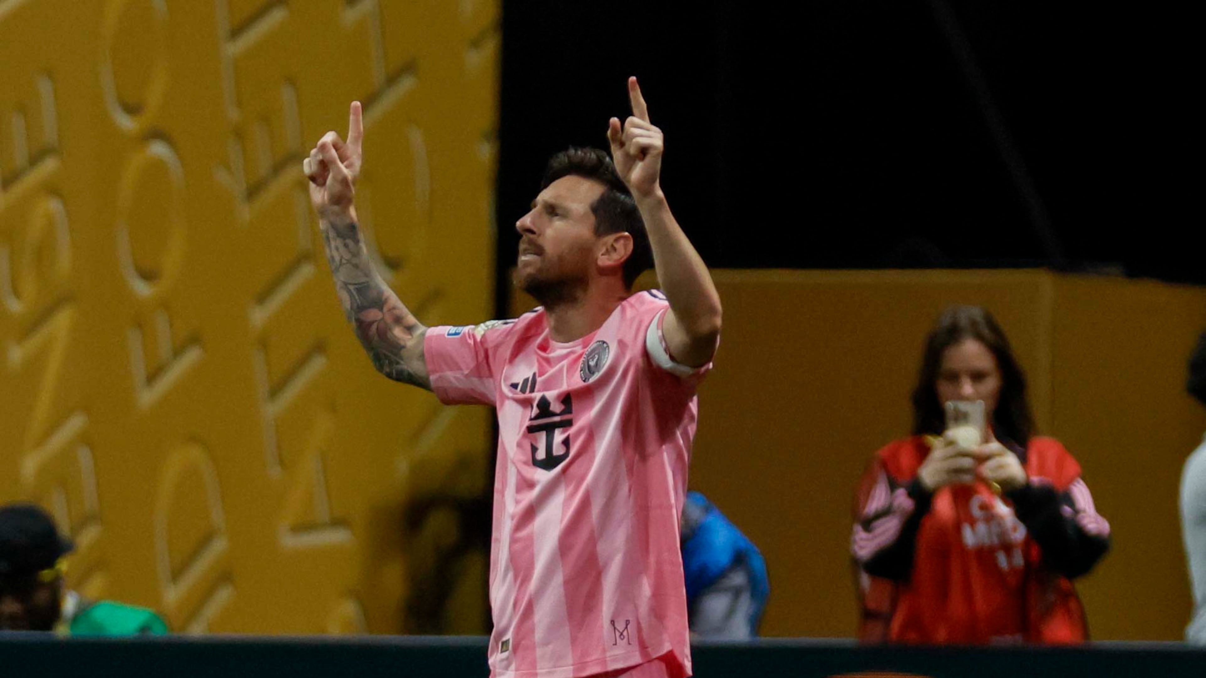 Miami forward Lionel Messi reacts after his goal during the Club World Cup group A soccer match between Inter Miami and Porto FC at Mercedes-Benz Stadium on Thursday, June 19, 2025.
(Miguel Martinez/AJC)