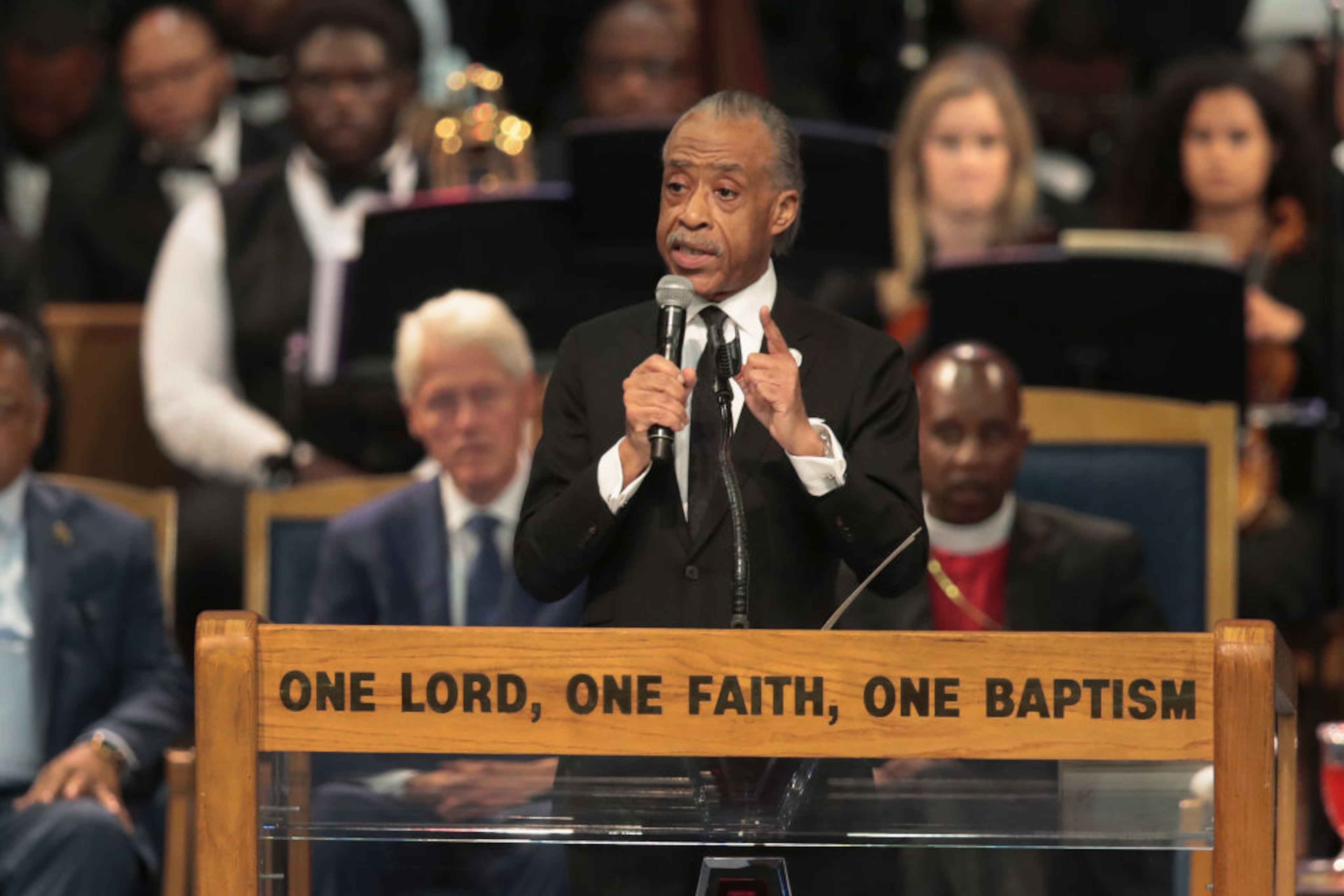 DETROIT, MI - AUGUST 31: Rev. Al Sharpton speaks at the funeral for Aretha Franklin at the Greater Grace Temple on August 31, 2018 in Detroit, Michigan. Franklin died at the age of 76 at her home in Detroit on August 16. (Photo by Scott Olson/Getty Images)