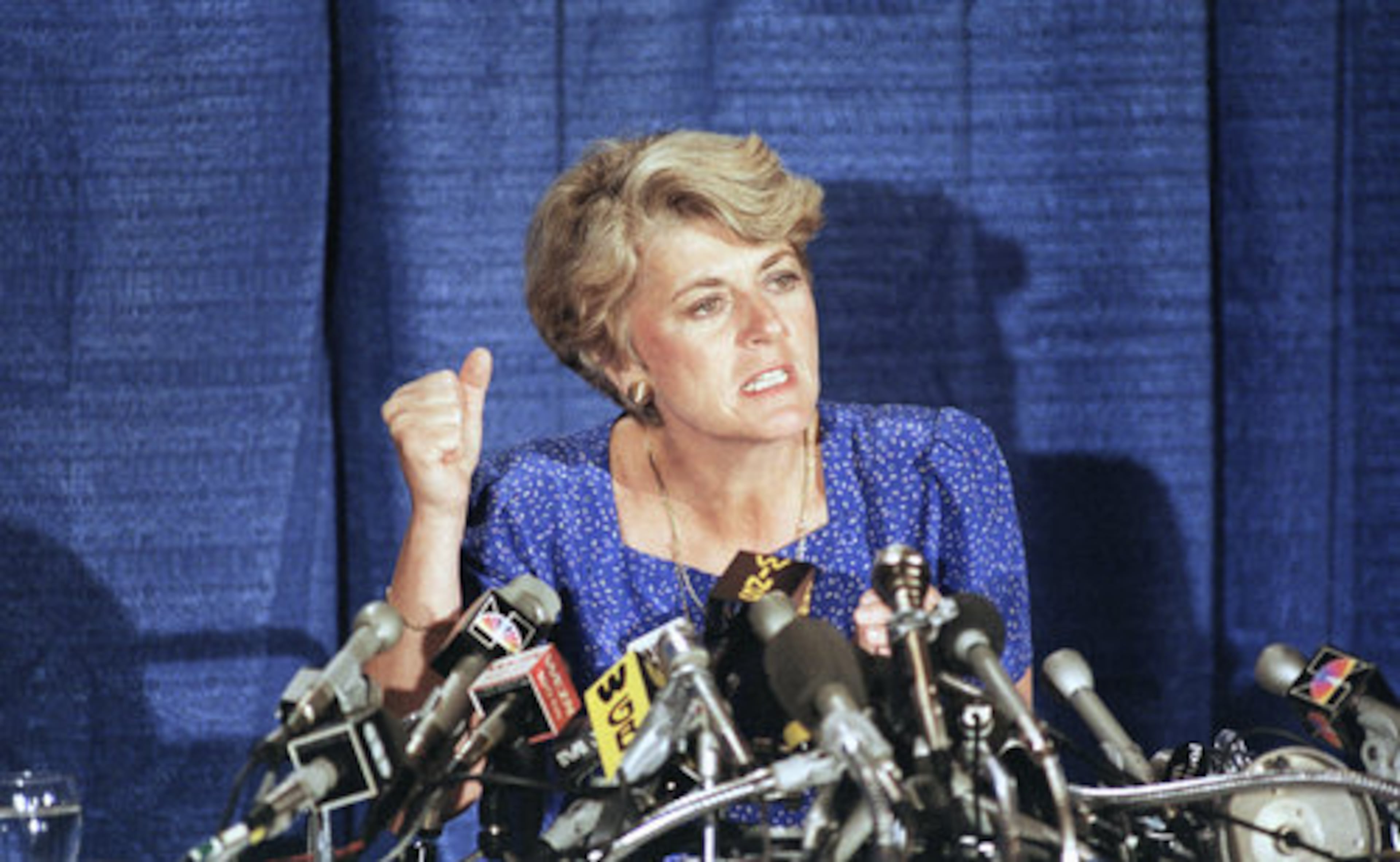 In this Aug. 21, 1984 file picture, Geraldine Ferraro explains the finances of herself and husband during a news conference in the Queens borough of New York.