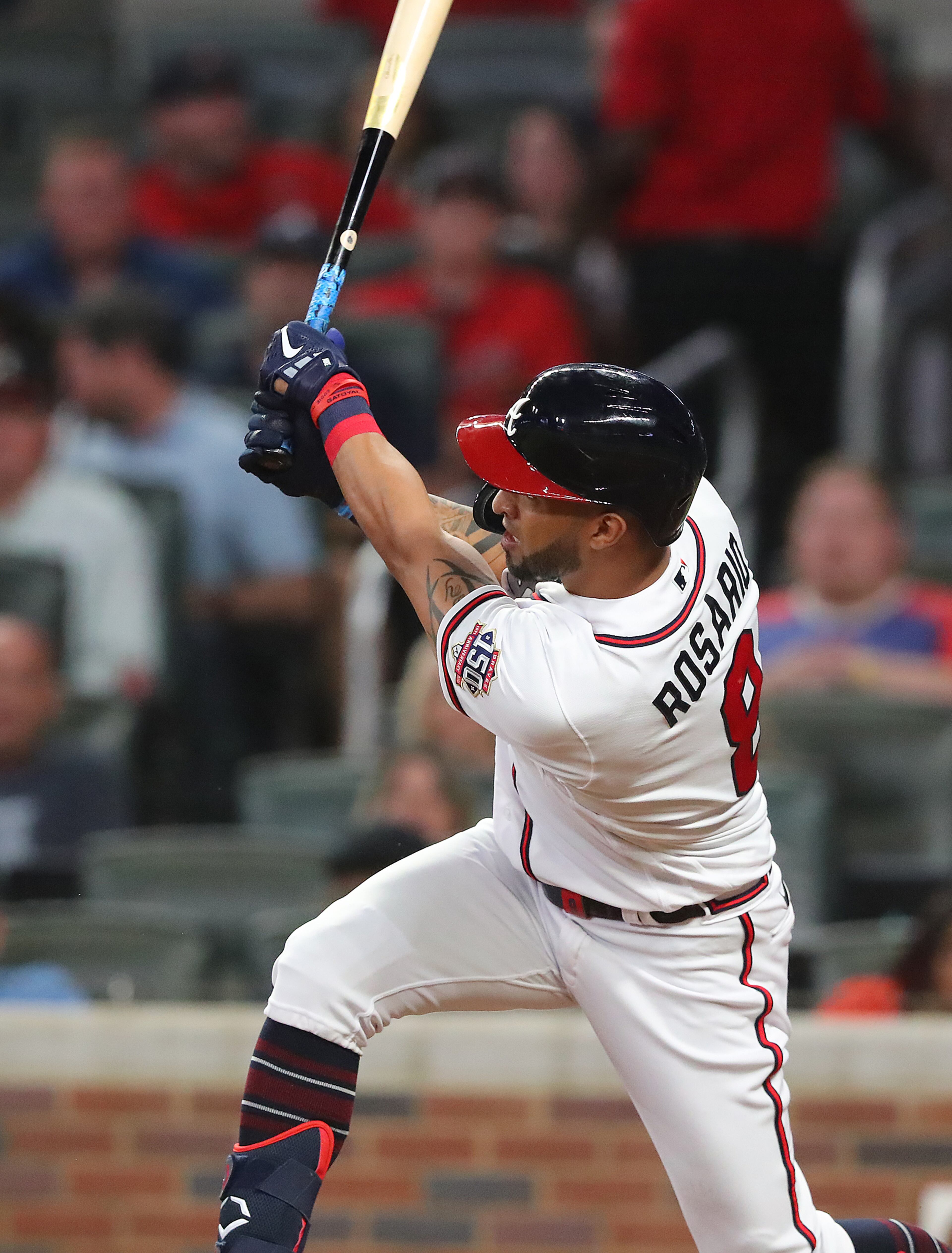 Braves outfielder Eddie Rosario hits a solo homer to tie the game 2-2 during the sixth inning. “Curtis Compton / Curtis.Compton@ajc.com”