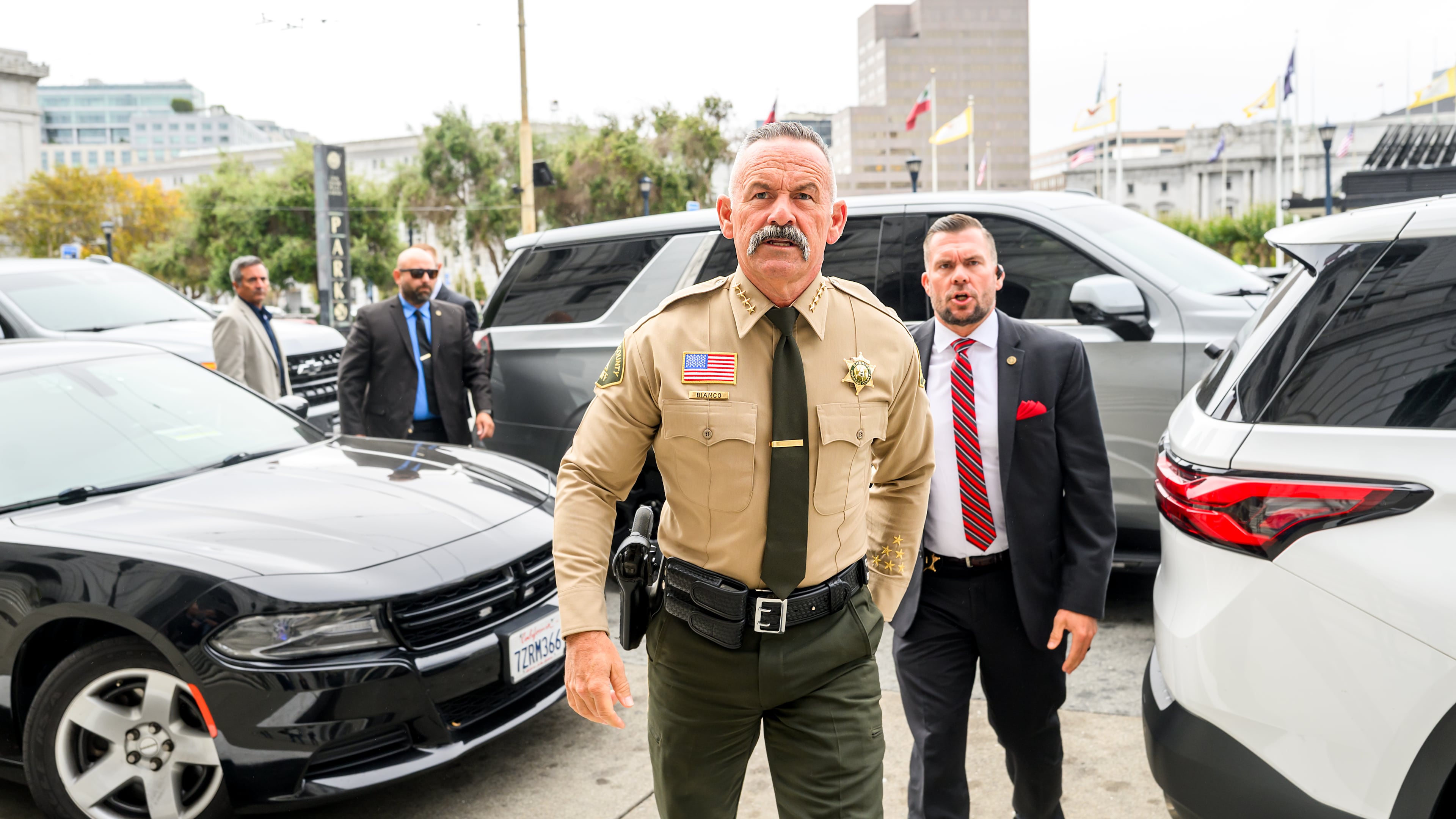 Riverside County Sheriff Chad Bianco arrives at the Supreme Court of California for a hearing about his seizure and recount of more than half a million 2025 election ballots on Monday, Aug. 24, 2026, in San Francisco. (AP Photo/Noah Berger)
