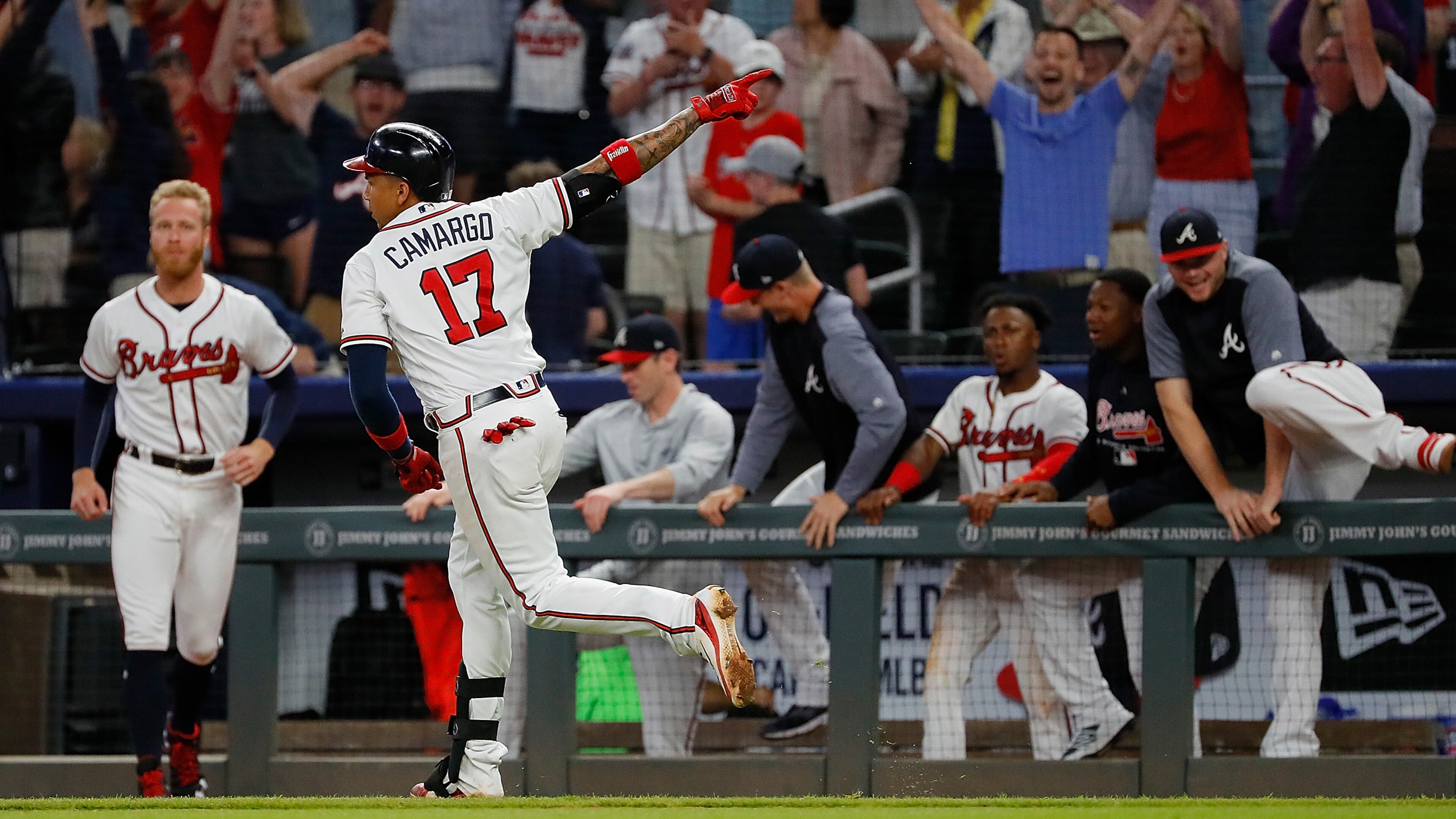 Braves infielder Johan Camargo reacts after hitting a walk-off homer in the ninth inning of a 7-6 win over the New York Mets May 29, 2018 , at SunTrust Park in Atlanta.