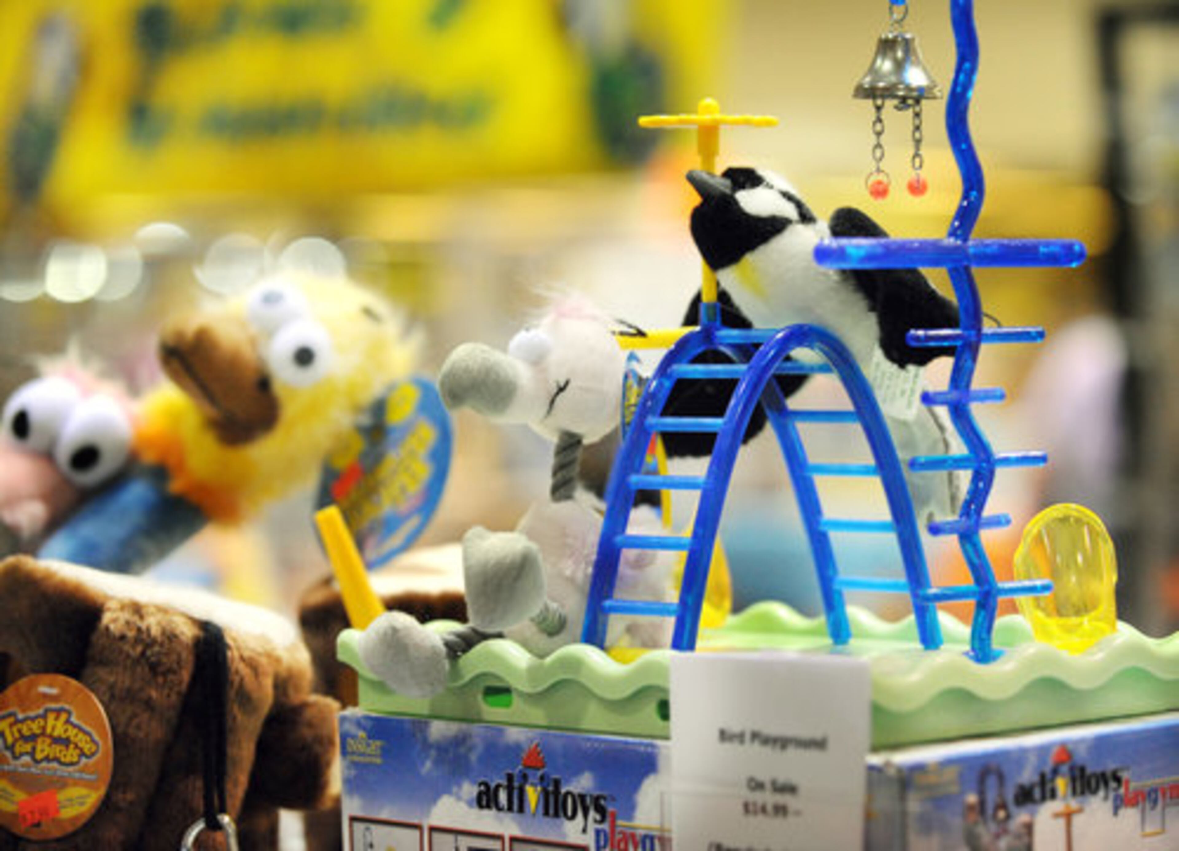 Toys, including this bird playground, were among the many accessories on sale for bird lovers.