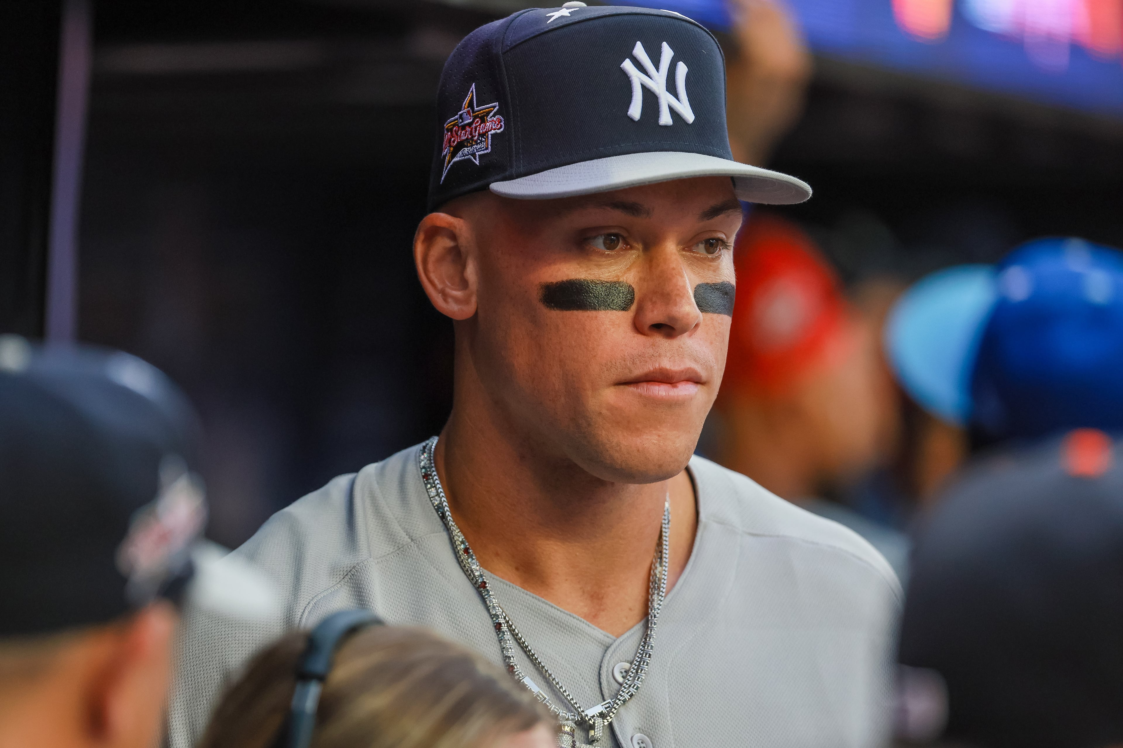 The American League's Aaron Judge of the New York Yankees is seen in the dugout during pregame introductions for the MLB All-Star Game at Truist Park in Atlanta on Tuesday, July 15, 2025. (Jason Getz/AJC)