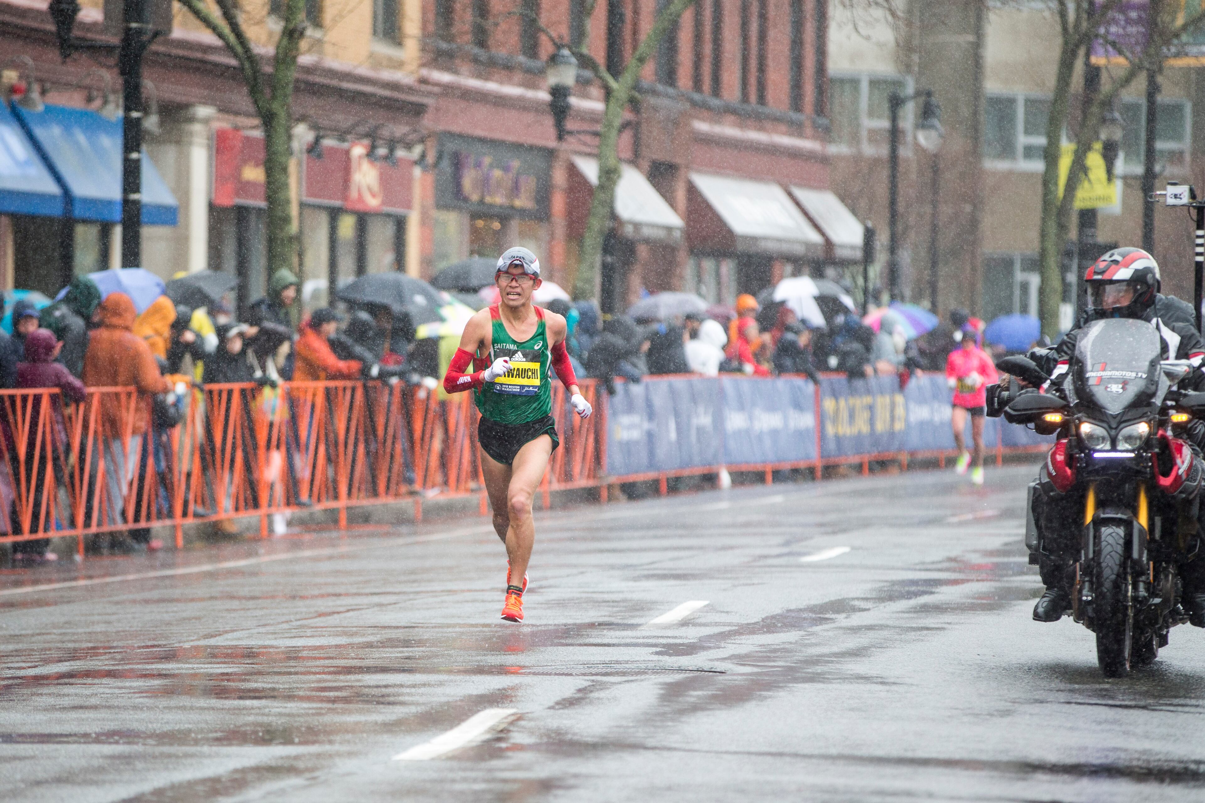 BROOKLINE, MA - APRIL 16: Yuki Kawauchi approaches the 24 mile marker of the 2018 Boston Marathon on April 16, 2018 in Brookline, Massachusetts. He won the race, his first major marathon win, with an unofficial time of 2:10:46. (Photo by Scott Eisen/Getty Images)