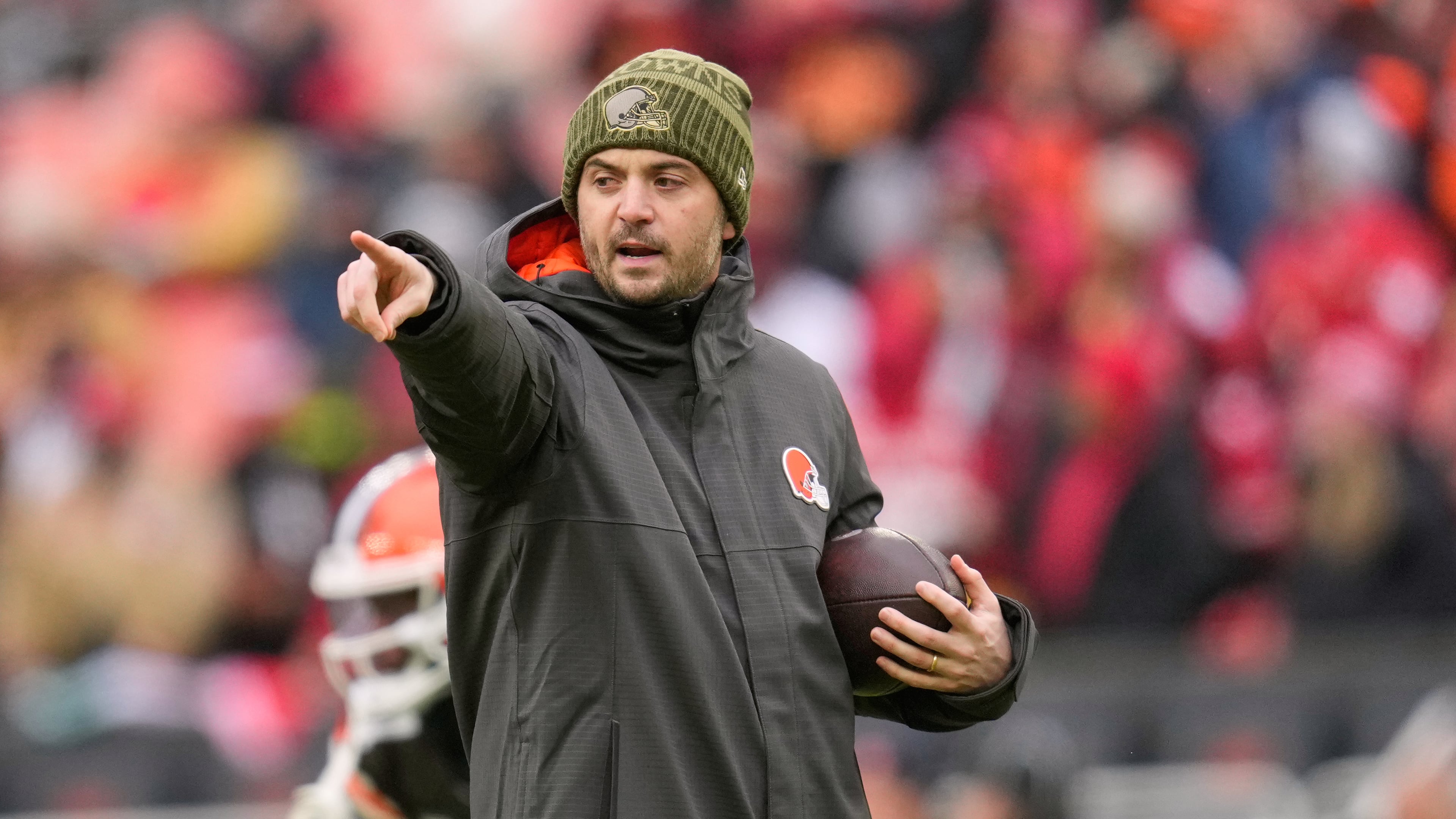 Cleveland Browns offensive coordinator Tommy Rees gestures before an NFL football game against the San Francisco 49ers, Sunday, Nov. 30, 2025, in Cleveland. (Sue Ogrocki/AP)