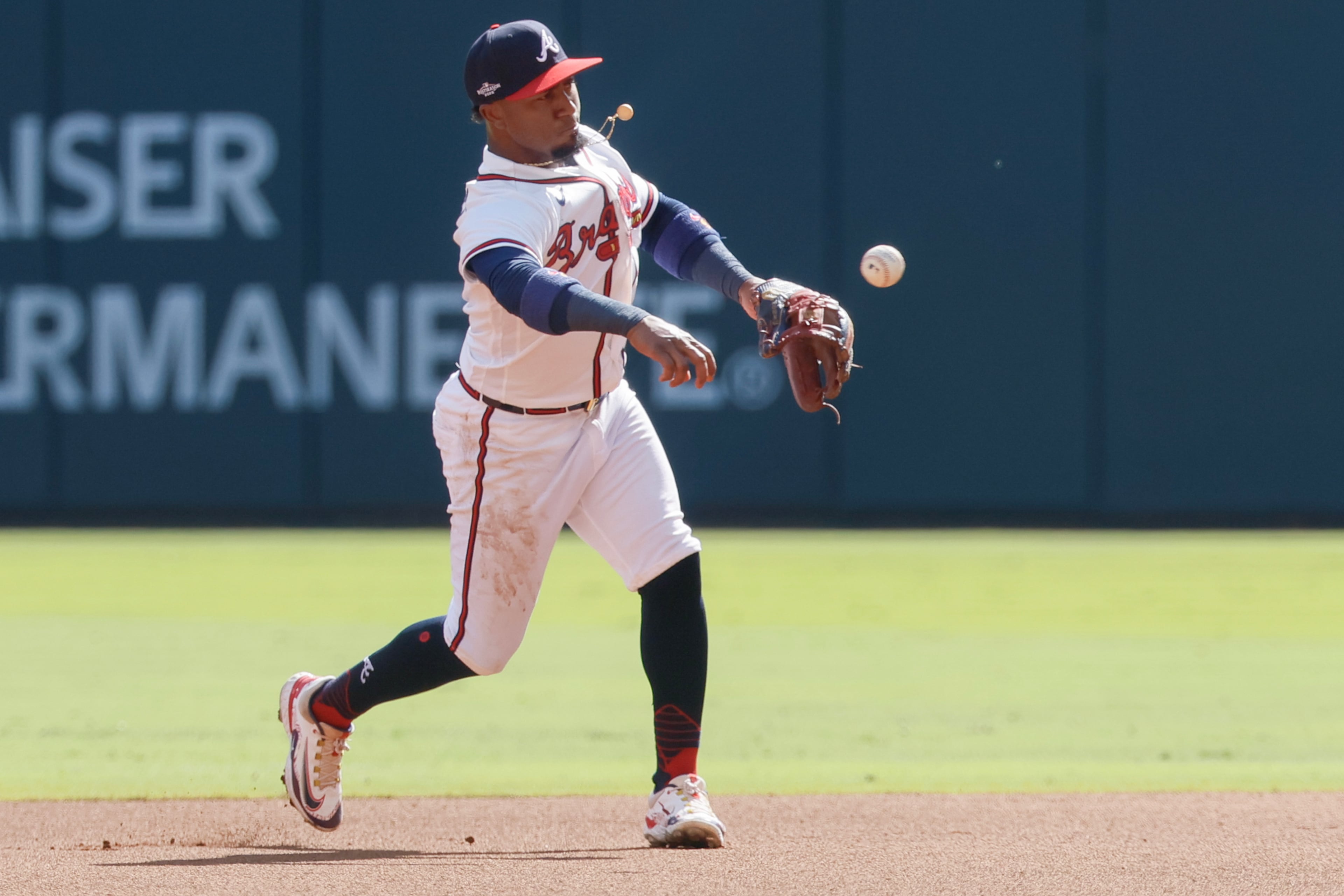 Braves second baseman Ozzie Albies fields a ground ball out hit by Phillies left fielder Edmundo Sosa during Game 2 of their NL Wild Card Series on Wednesday, Sept. 30, 2026, in Atlanta. (Miguel Martinez/AJC)