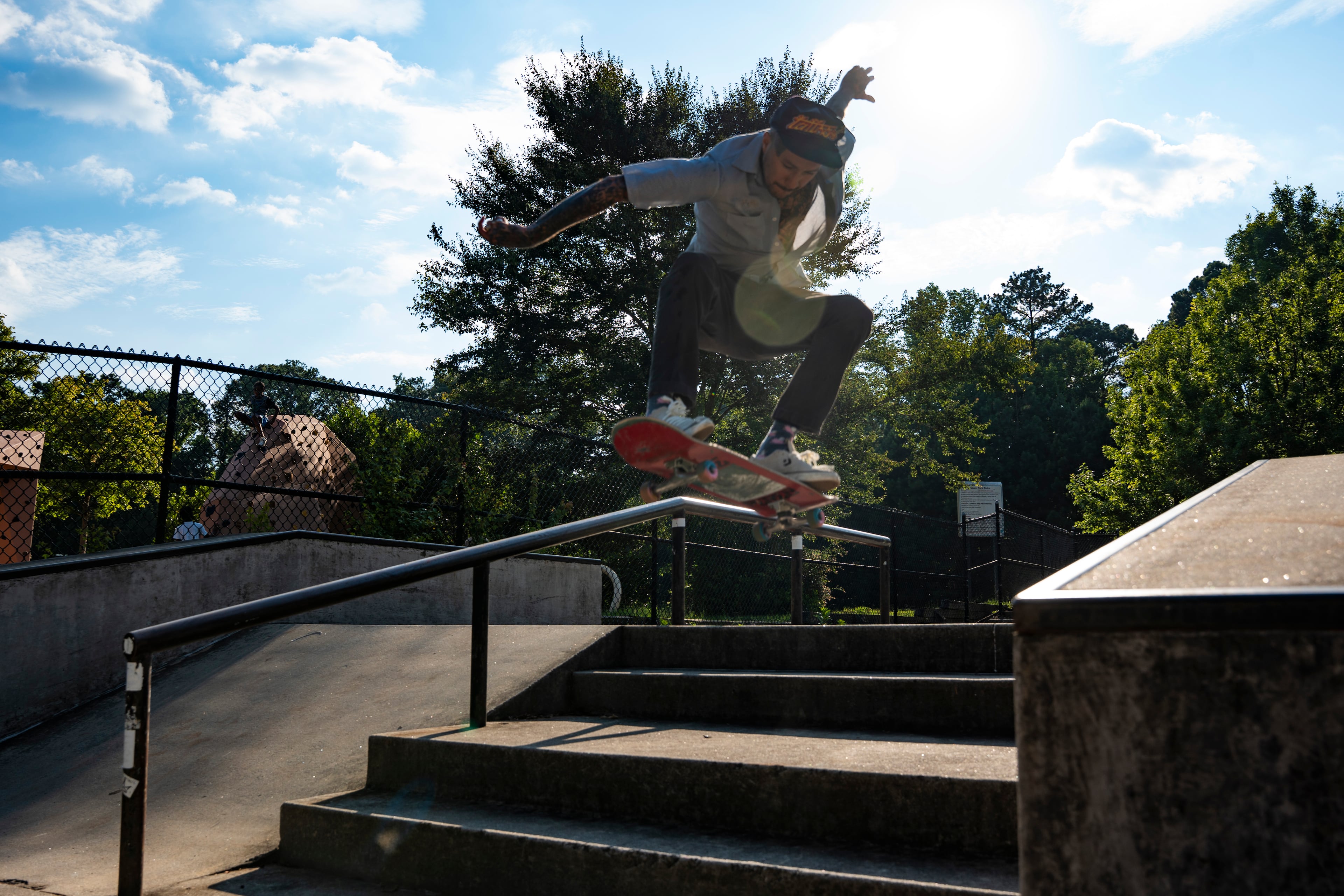 Paco Talavera, a former professional skateboarder and current cook at Lure, skates at DeShong Park in Stone Mountain. (Olivia Bowdoin for the AJC)