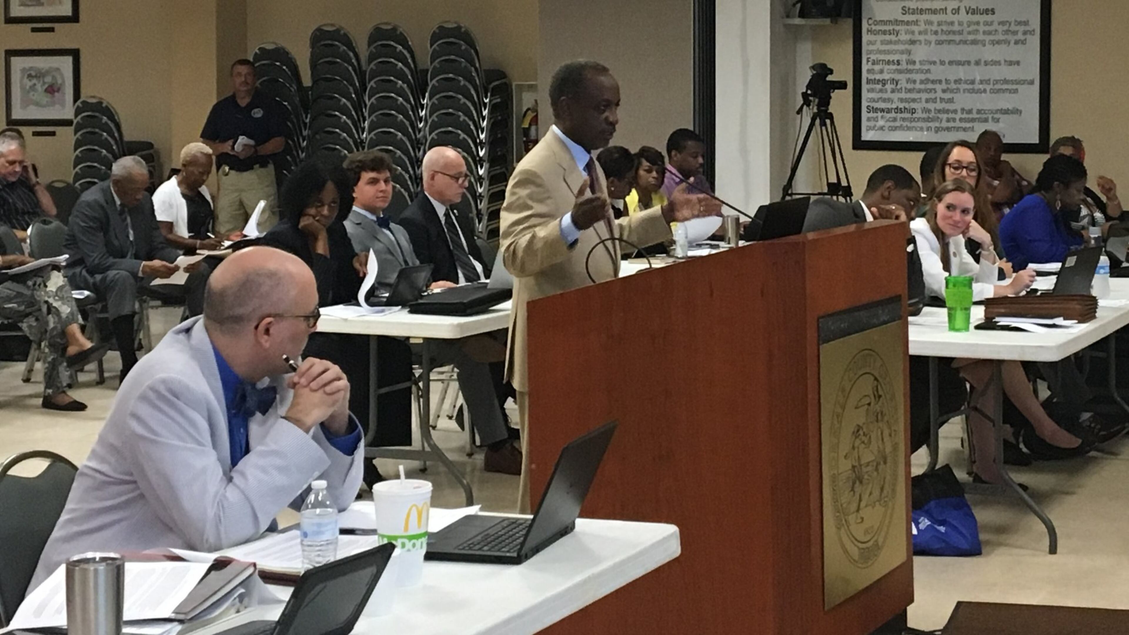 DeKalb County CEO Mike Thurmond, with Budget Director Jay Vinicki, left, gave an overview of his budget priorities to the DeKalb Commission on June 6, 2017. MARK NIESSE / MARK.NIESSE@AJC.COM