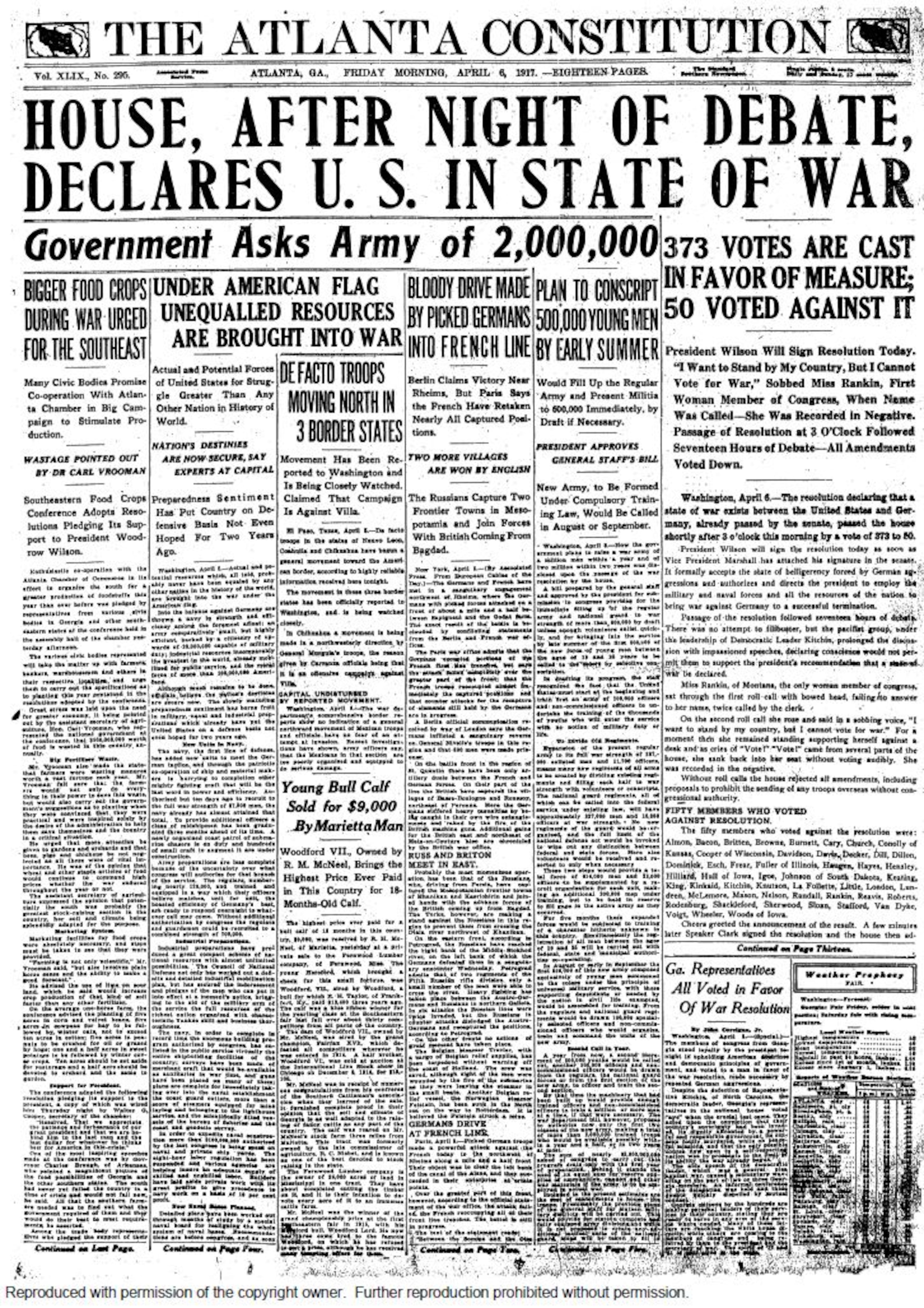The Atlanta Constitution reported that the United States was in a state of war on April 6, 1917.