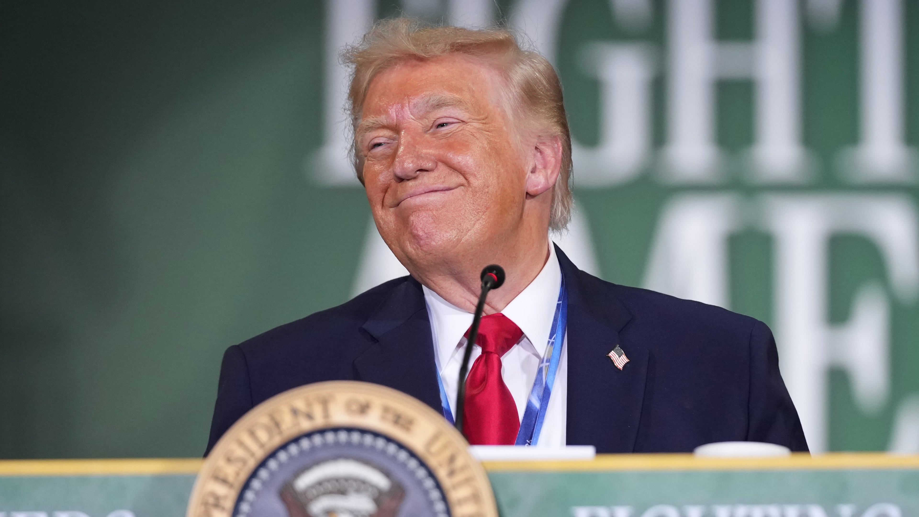 President Donald Trump listens during an event at Custer Farms in Chippewa Falls, Wis., Friday, June 5, 2026. (AP Photo/Mark Schiefelbein)