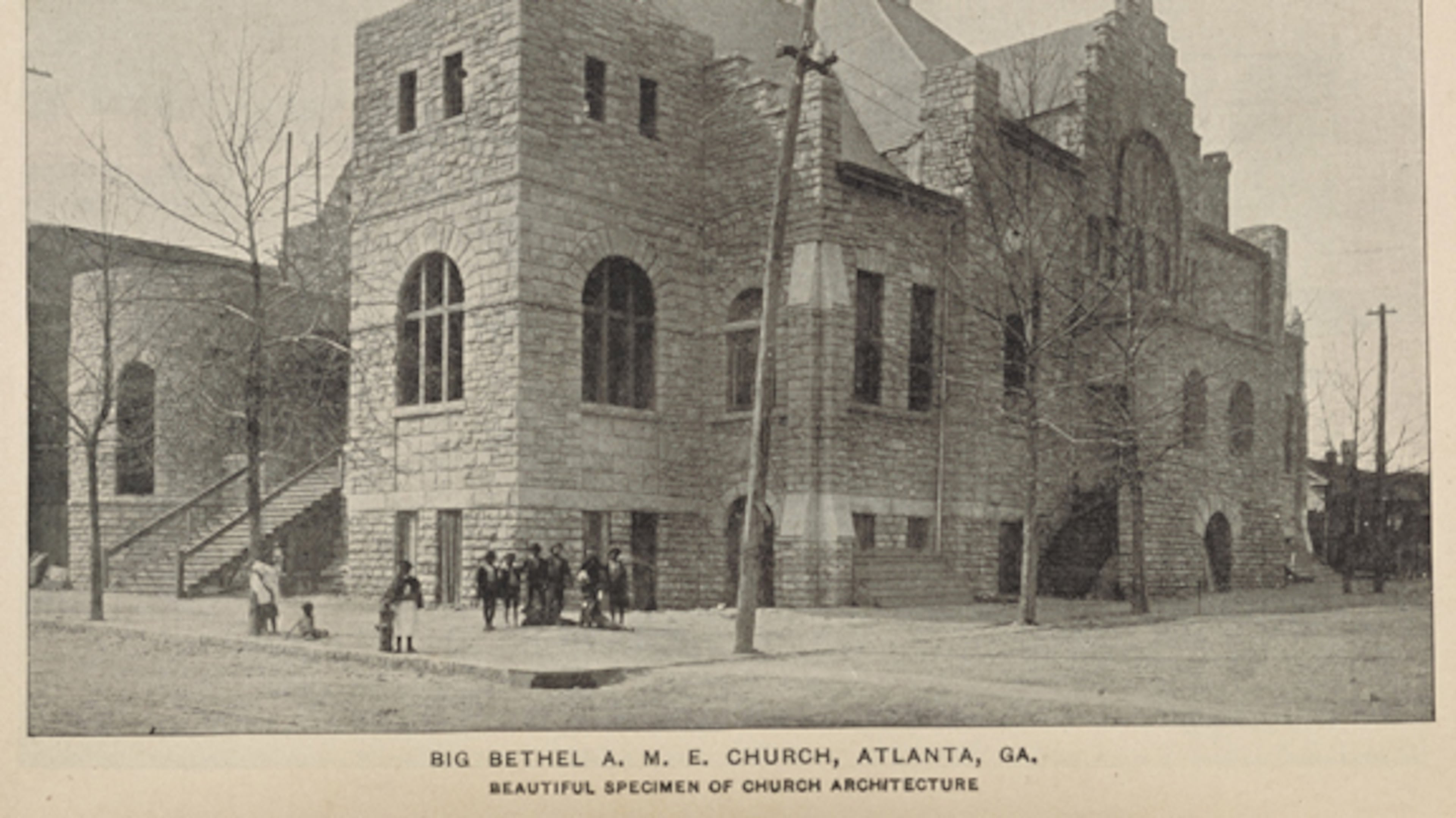 Big Bethel A.M.E. Church, as it appeared circa 1900. A fire in 1923 gutted the building. It was restored over the next decade by black architect J.A.. Lankford and builder Alexander Hamilton in the Romanesque Revival style. The famous spire with the "Jesus Saves" sign was added at this time. (Schomburg Center at New York Public Library)