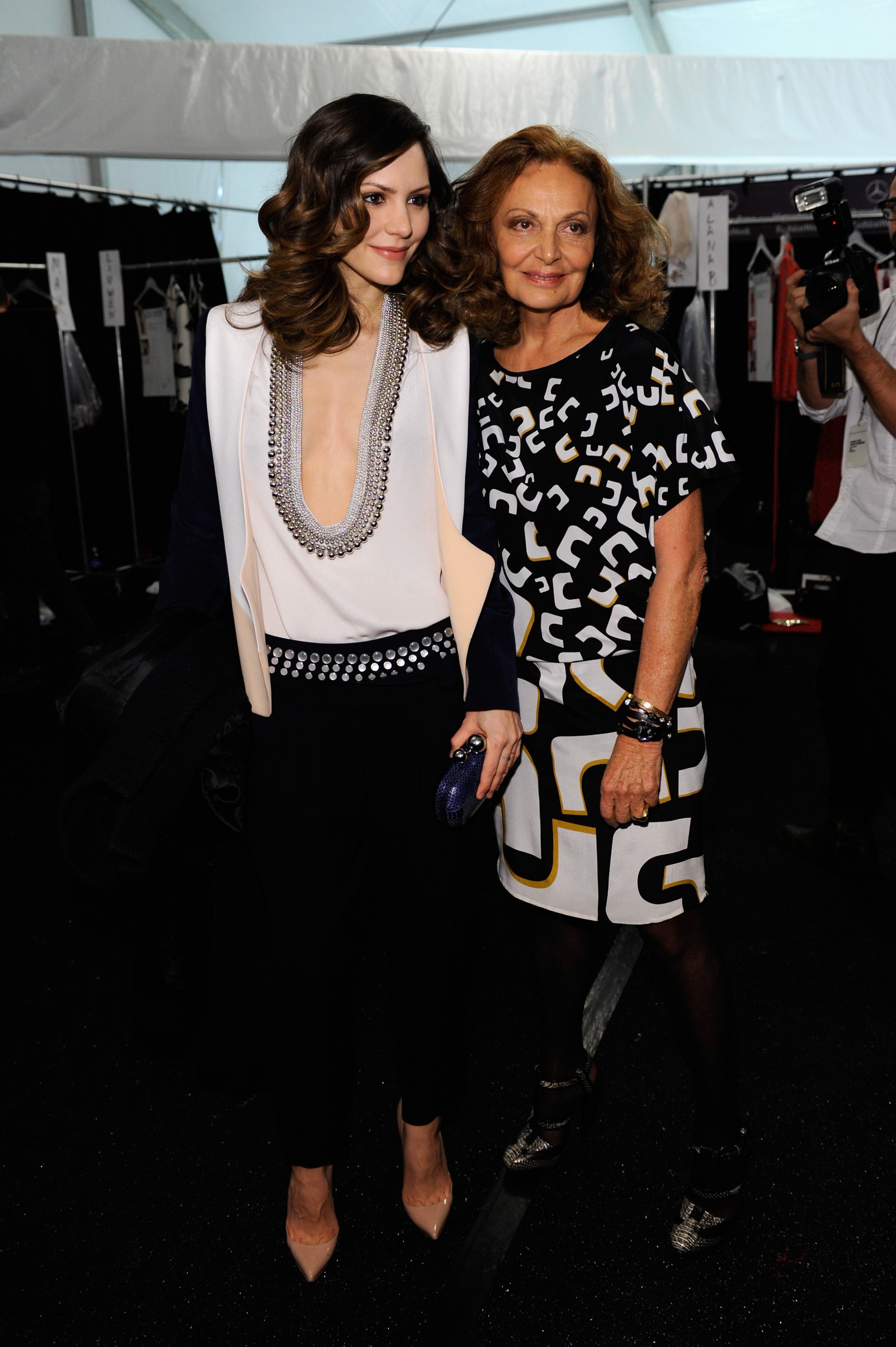 Katherine McPhee and Diane Von Furstenberg backstage at the Diane Von Furstenberg Fall 2013 fashion show during Mercedes-Benz Fashion Week at The Theatre at Lincoln Center on February 10, 2013 in New York City. (Photo by Arun Nevader/Getty Images for Mercedes-Benz Fashion Week)