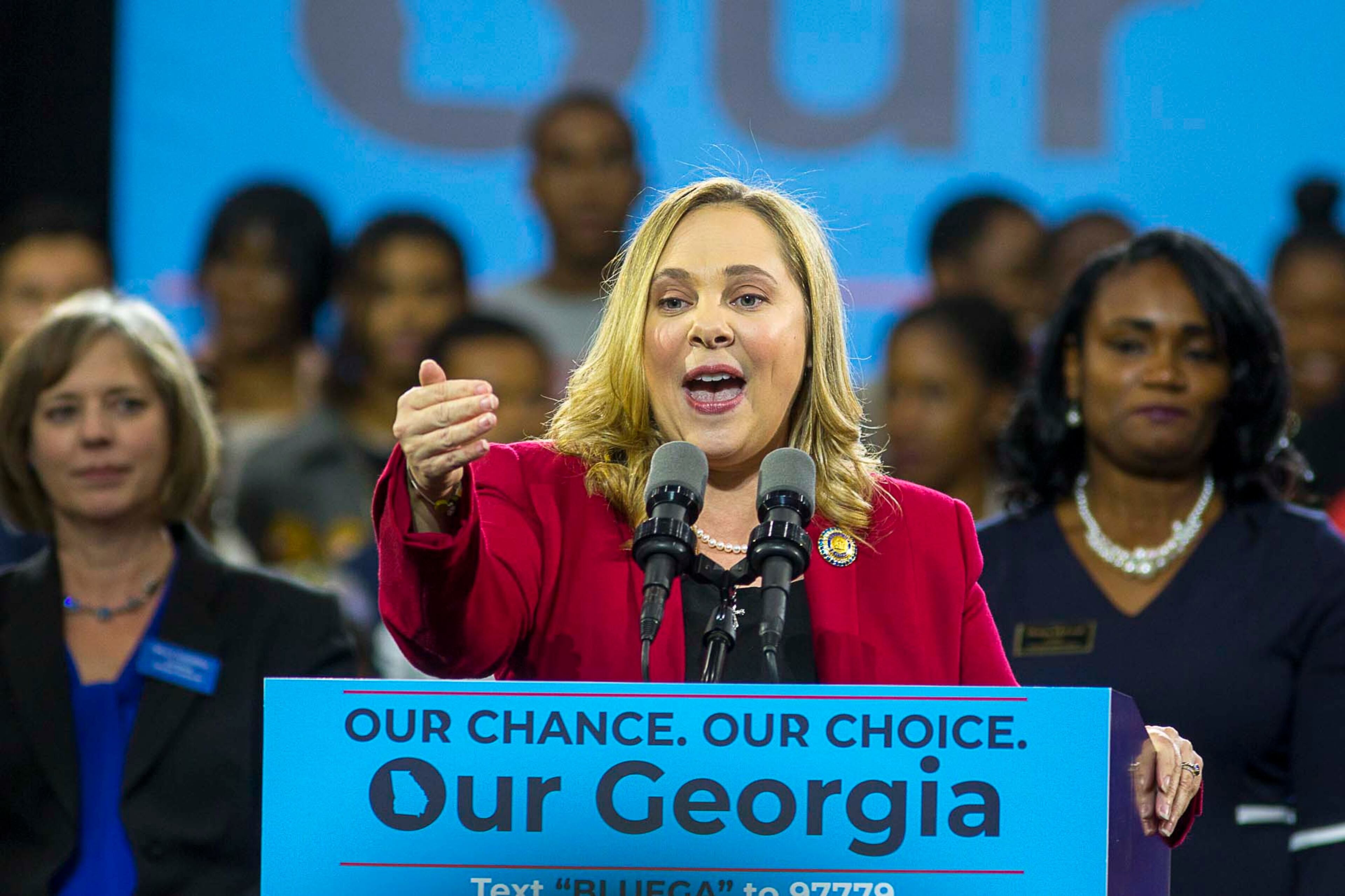 11/02/2018 -- Atlanta, Georgia -- Sarah Riggs Amico, Democratic nominee for Lieutenant Governor, )speaks during a rally for gubernatorial candidate Stacey Abrams in Forbes Arena at Morehouse College, Friday, November 2, 2018. (ALYSSA POINTER/ALYSSA.POINTER@AJC.COM)