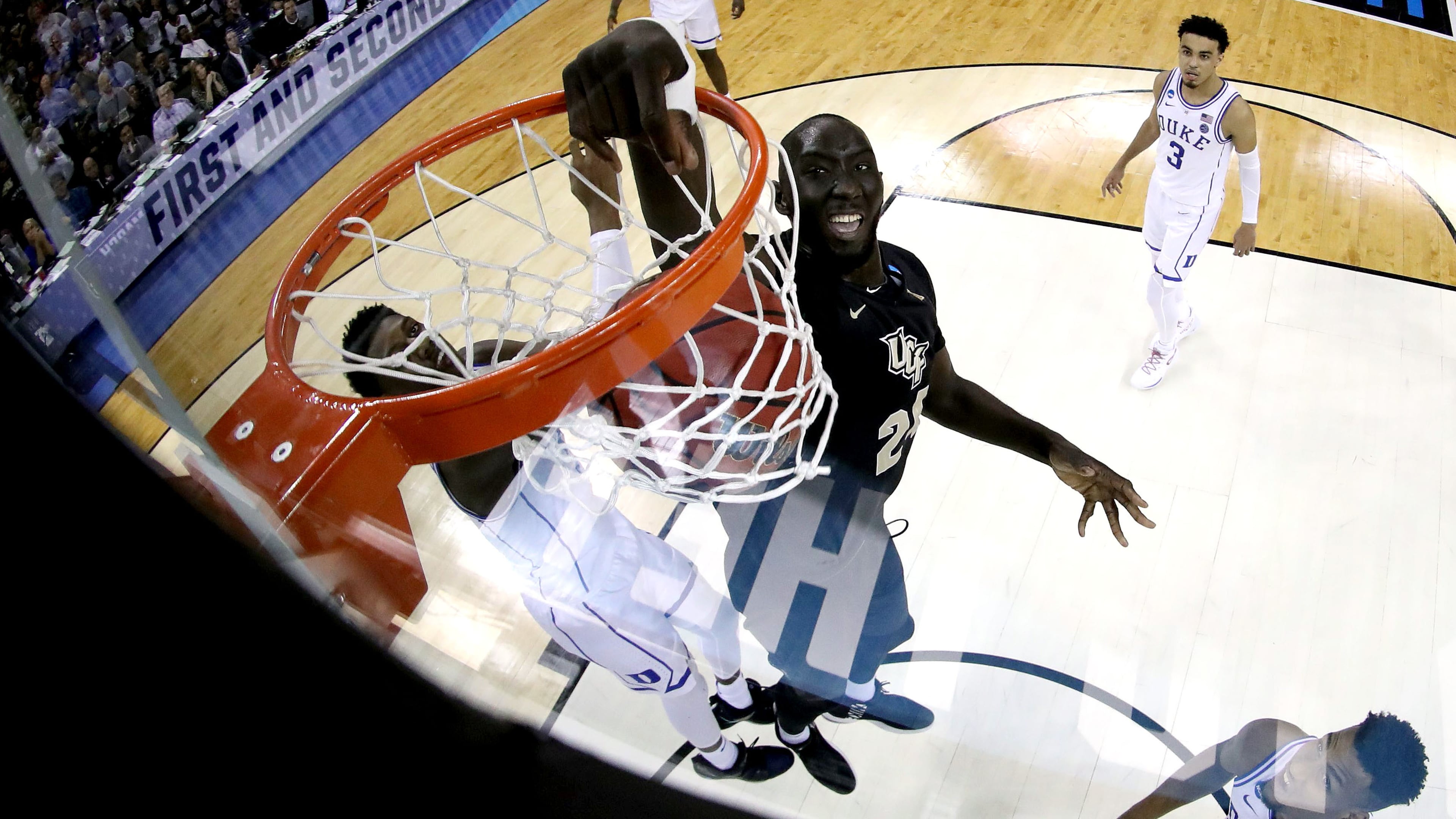 UCF's Tacko Fall dunks the ball against the Duke Blue Devils in the second round game of the 2019 NCAA Men's Basketball Tournament March 24, 2019, at Colonial Life Arena in Columbia, S.C.