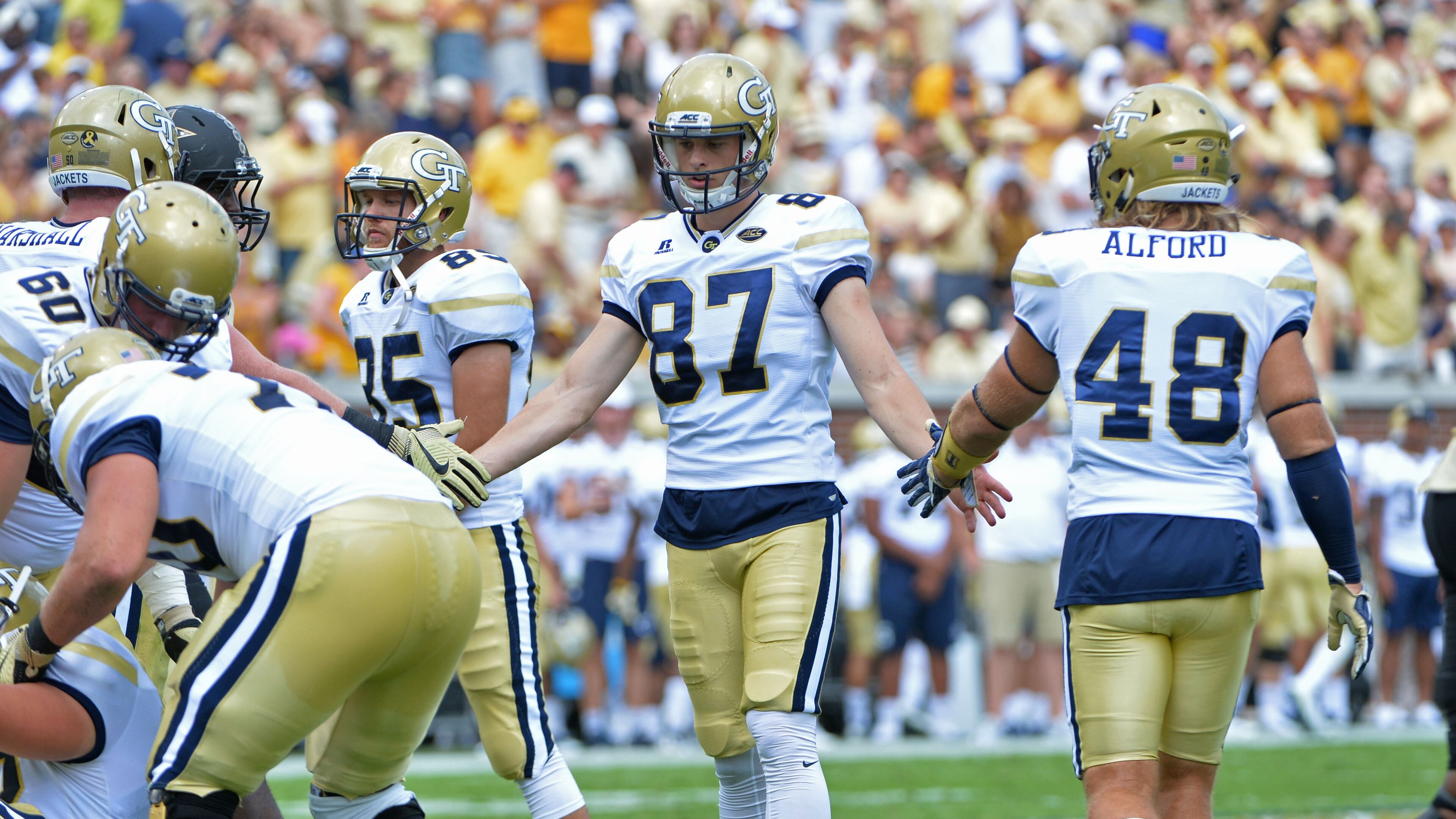 Georgia Tech Yellow Jackets place kicker Harrison Butker (87) celebrates after he scores an extra point in the second half at Bobby Dodd Stadium on Saturday, September 17, 2016. Georgia Tech Yellow Jackets won 38-7 over the Vanderbilt Commodores. HYOSUB SHIN / HSHIN@AJC.COM