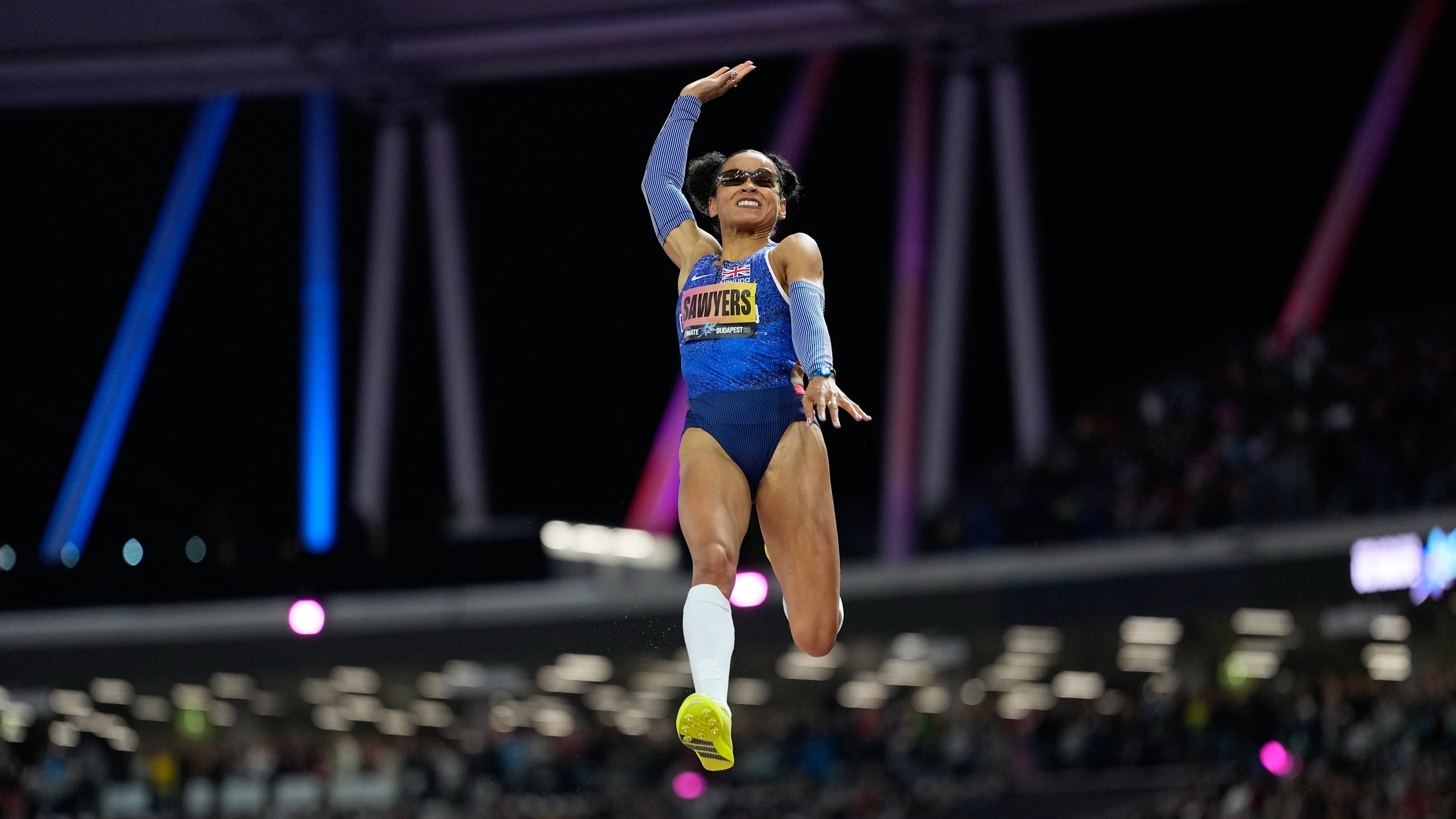Jazmin Sawyers, of Britain, makes an attempt in the women's long jump final at the World Athletics Ultimate Championship in Budapest, Hungary, Friday, Sept. 11, 2026. (AP Photo/Matthias Schrader)