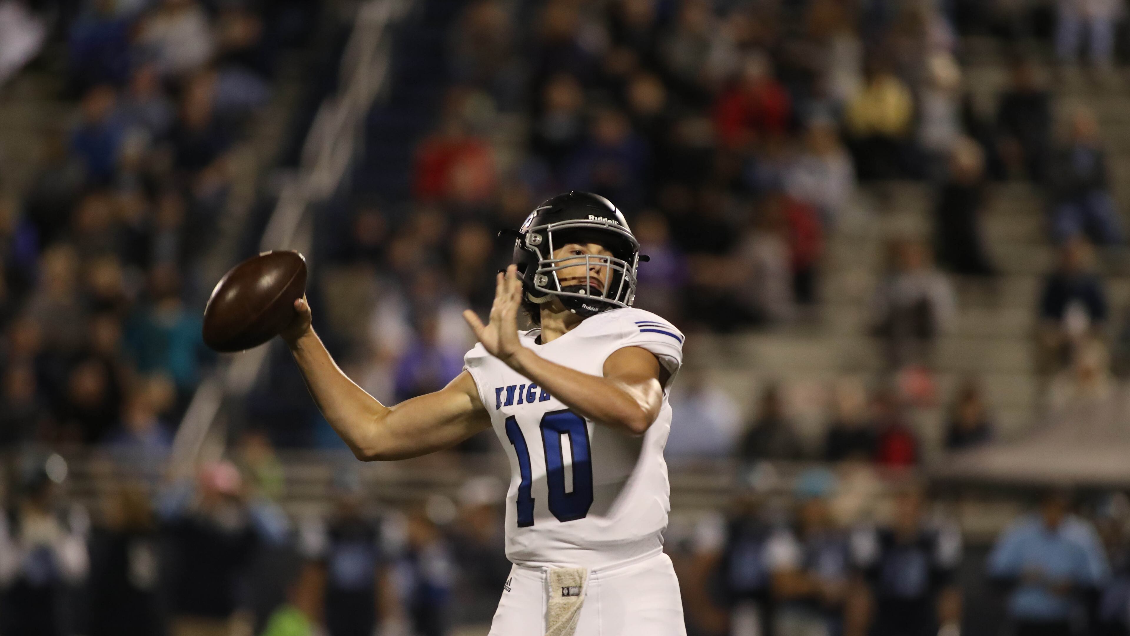 Centennial quarterback Max Brosmer (10) attempts a pass in the second half against Pope at Pope High School Friday, October 27, 2017, in Marietta, Ga. Centennial won 45-17. PHOTO / JASON GETZ