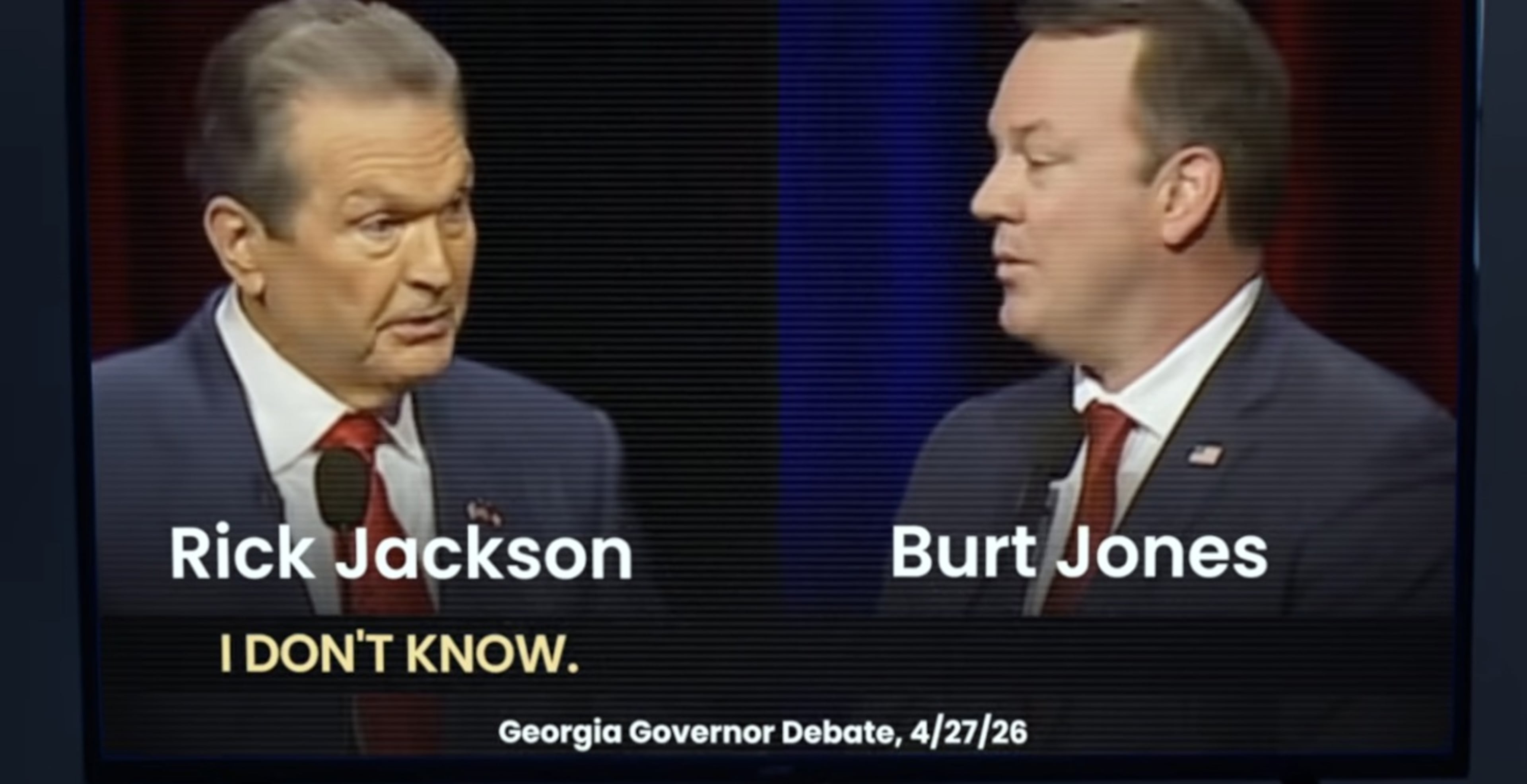 A screenshot from a new ad from Lt. Gov. Burt Jones criticizing Rick Jackson, one of his opponents in the Republican primary for governor.