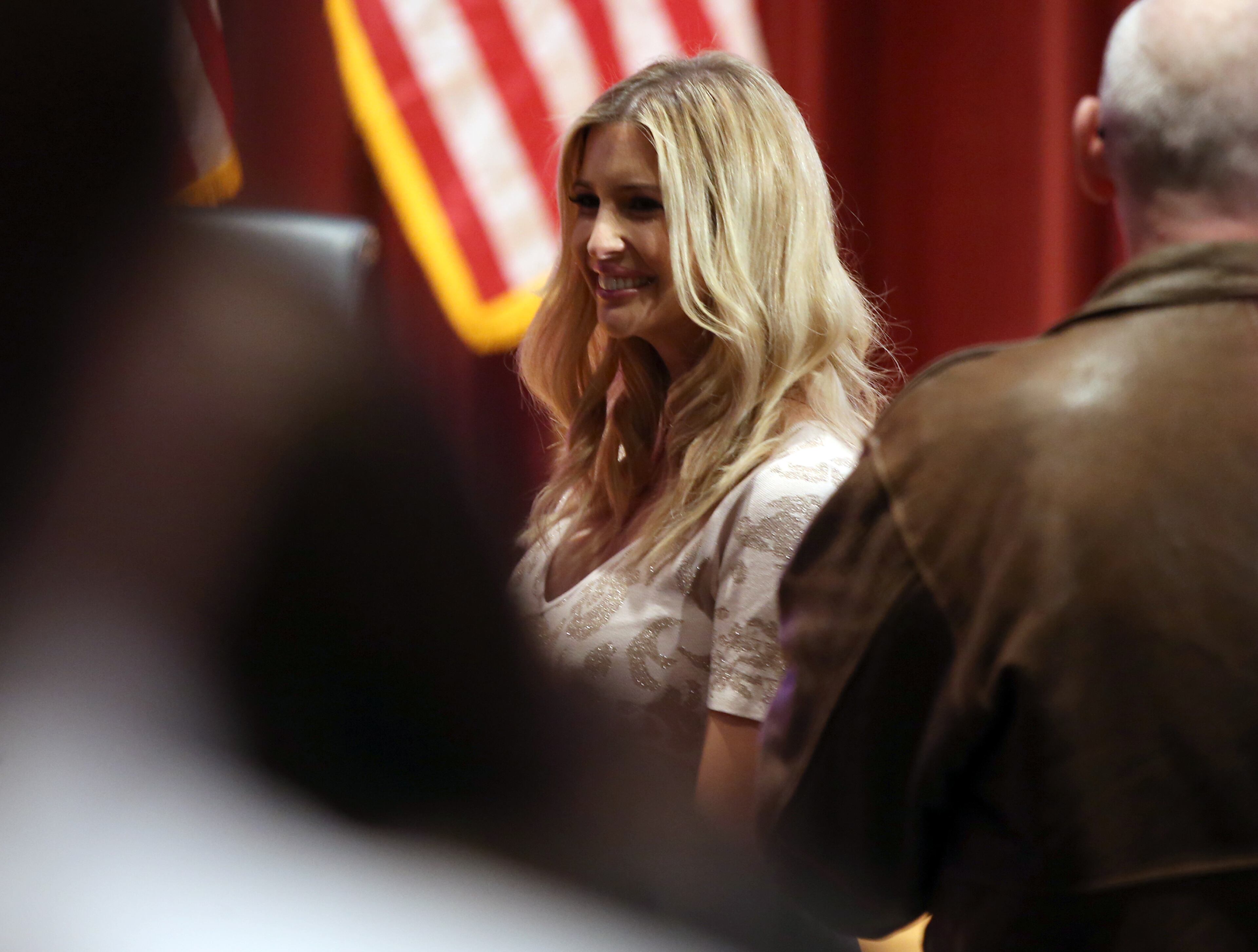 Ivanka Trump arrives before the start of a veterans event with Republican presidential candidate Donald Trump at Drake University in Des Moines, Iowa, Thursday, Jan. 28, 2016. (AP Photo/Andrew Harnik)