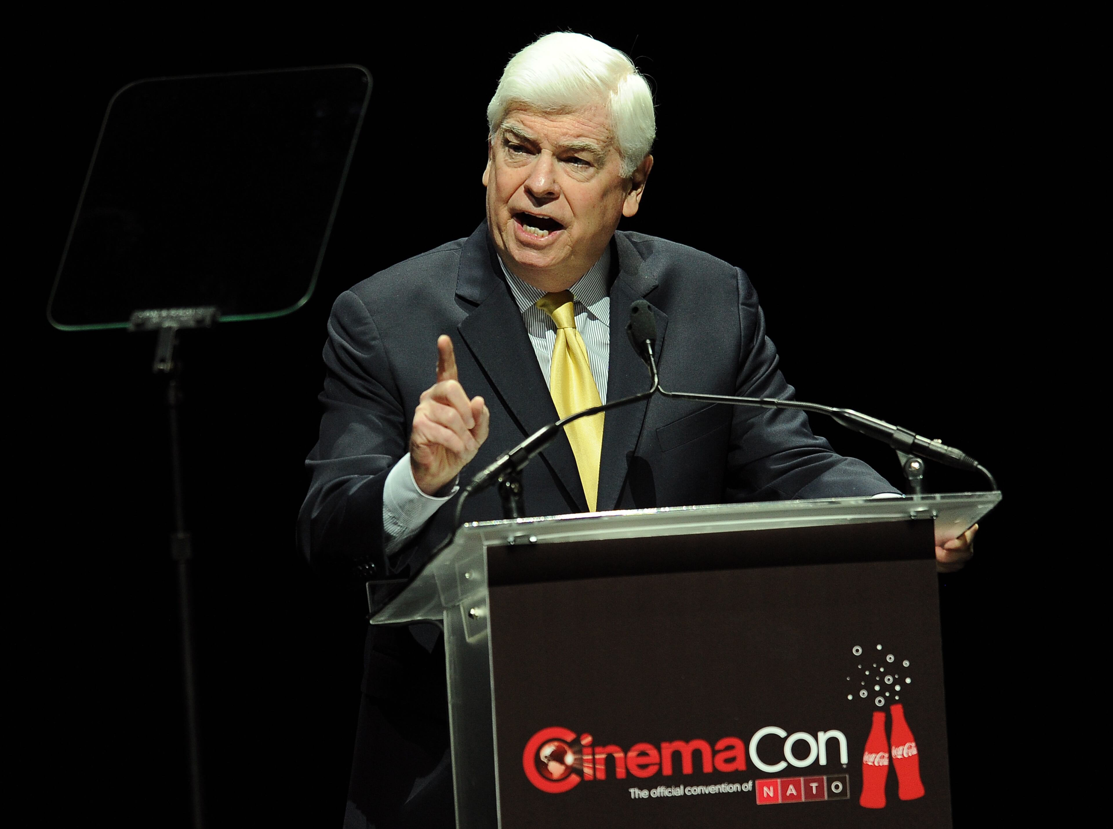 MPAA Chairman and CEO Chris Dodd addresses the audience during the "State of the Industry" presentation at CinemaCon 2014 on Tuesday, March 25, 2014 in Las Vegas. (Photo by Chris Pizzello/Invision/AP)