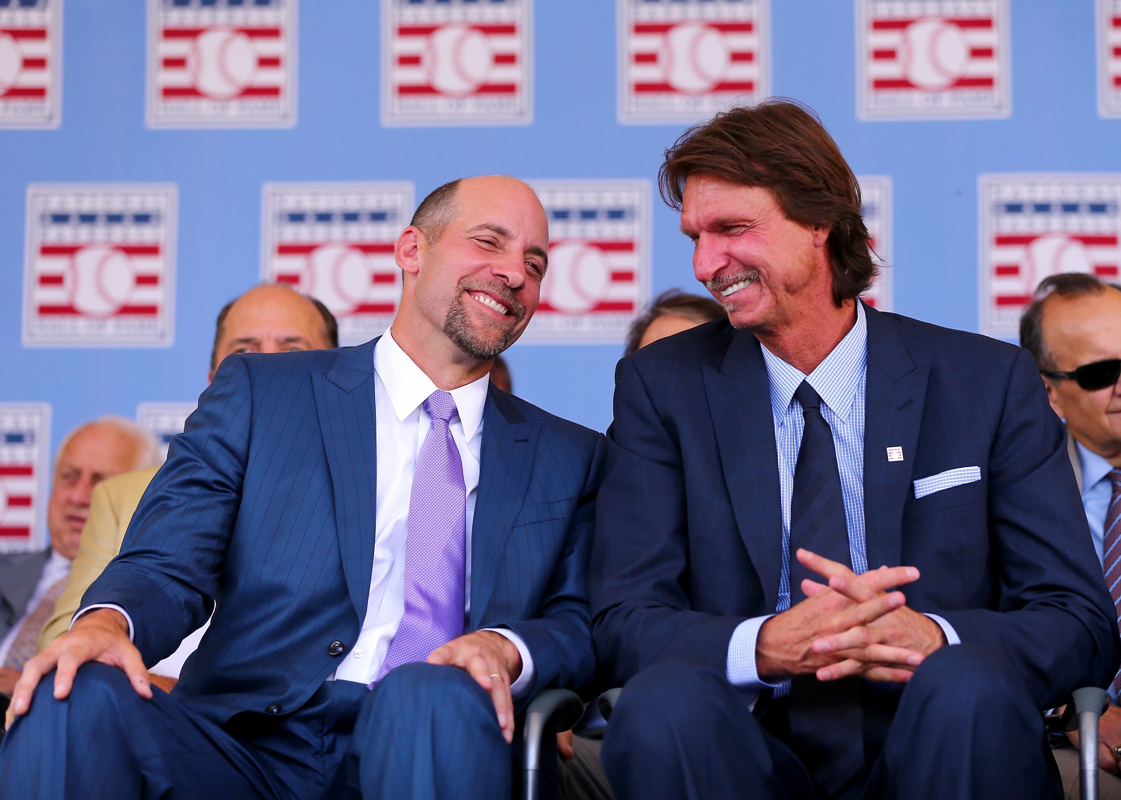 COOPERSTOWN, NY - JULY 26: Inductees John Smoltz and Randy Johnson enjoy the Hall of Fame Induction Ceremony at National Baseball Hall of Fame on July 26, 2015 in Cooperstown, New York. Johnson was inducted with Pedro Martinez,Craig Biggio and John Smoltz (Photo by Elsa/Getty Images)