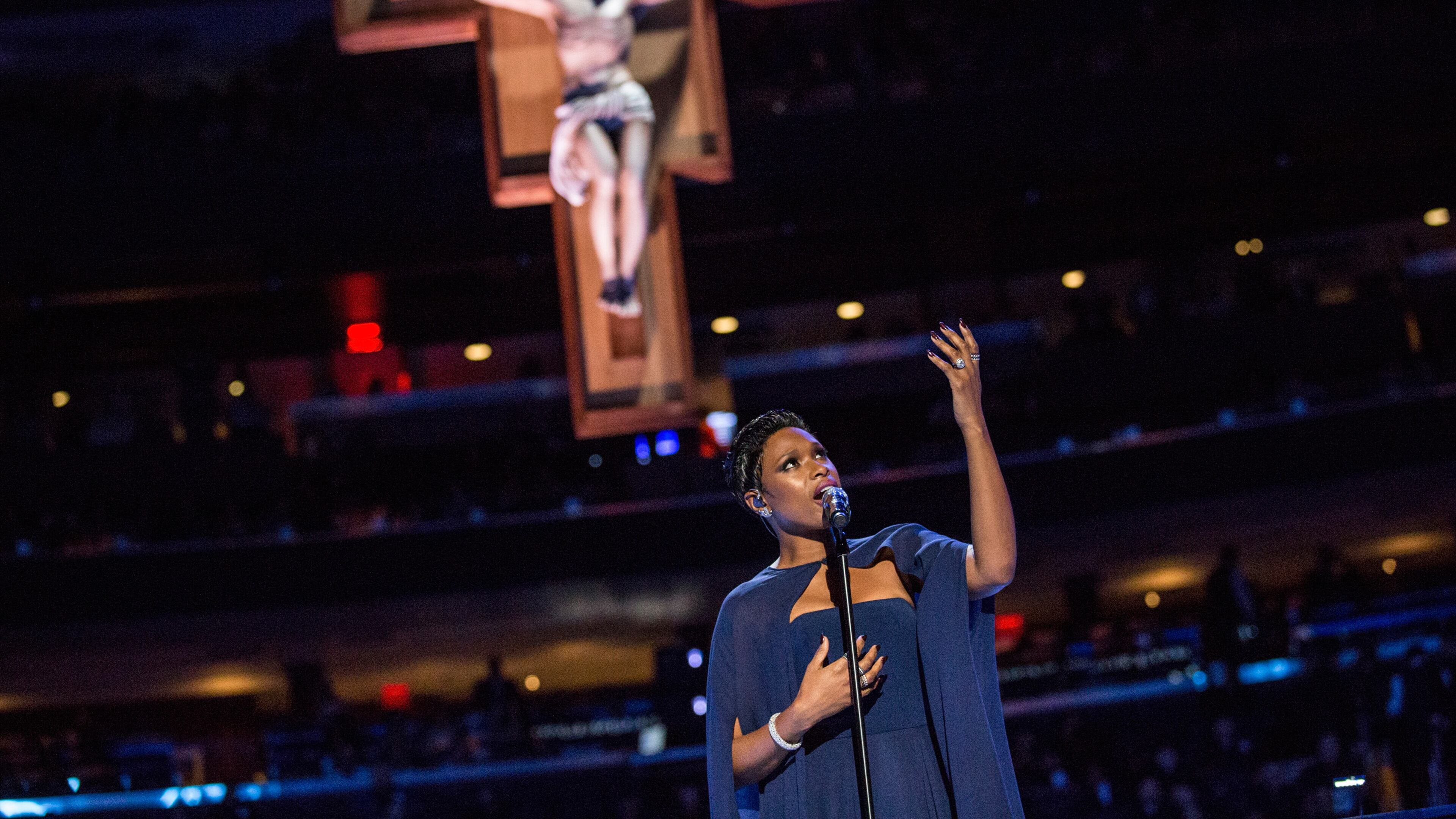 NEW YORK, NY - SEPTEMBER 25: Jennifer Hudson sings "Hallelujah" prior to a Mass to be celebrated by Pope Francis at Madison Square Garden on September 25, 2015 in New York City. The pope is visiting New York City during a six-day tour of the United States, that included a stop in Washington D.C. and includes one in Philadelphia. (Photo by Andrew Burton/Getty Images)