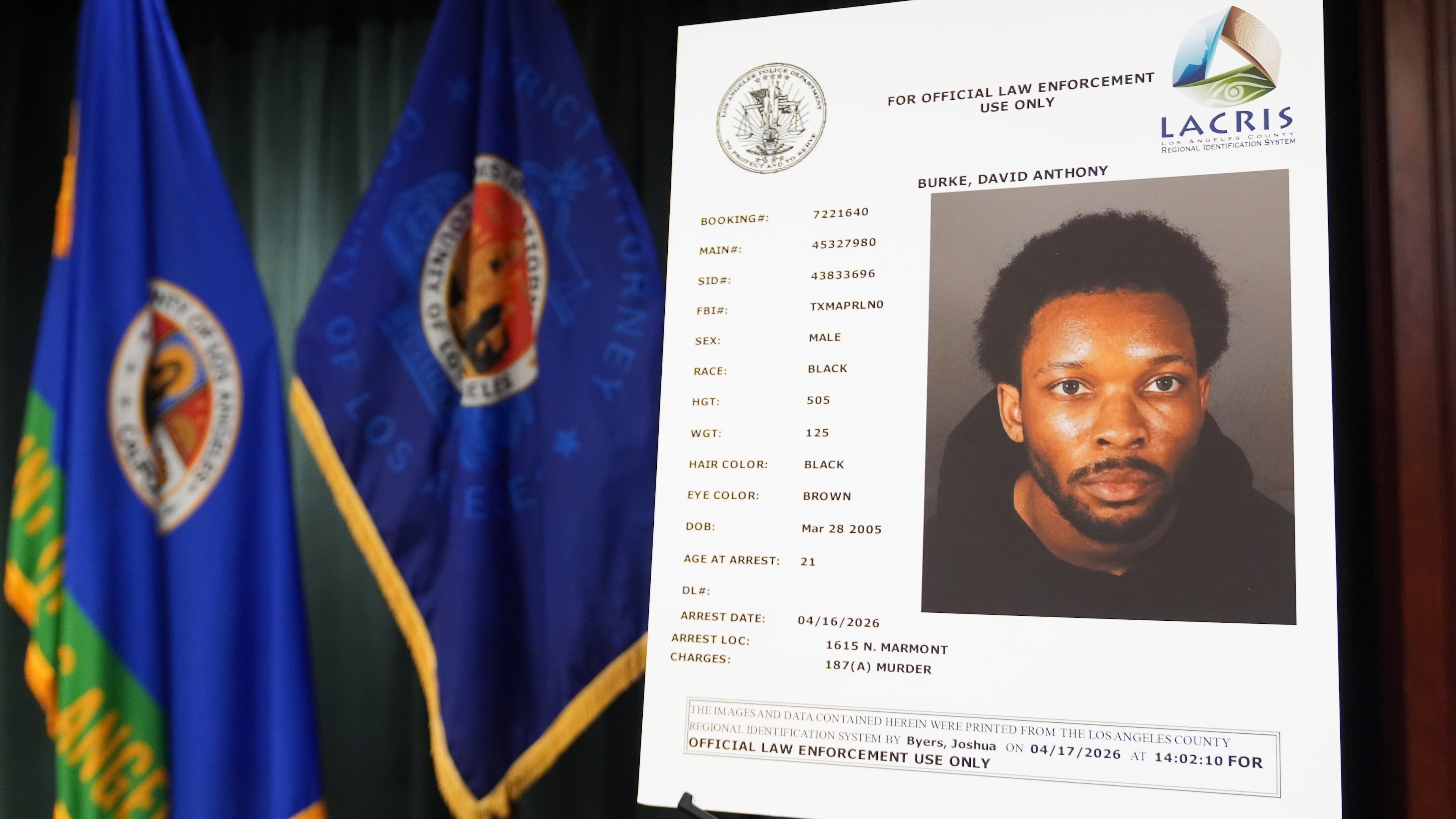 A mugshot of David Anthony Burke, whose stage name is D4vd, is displayed Monday, April 20, 2026, in Los Angeles at a press conference regarding the case of D4vd, who was arrested on suspicion of killing a 14-year-old girl whose dismembered body was found in his car. (AP Photo/Damian Dovarganes)