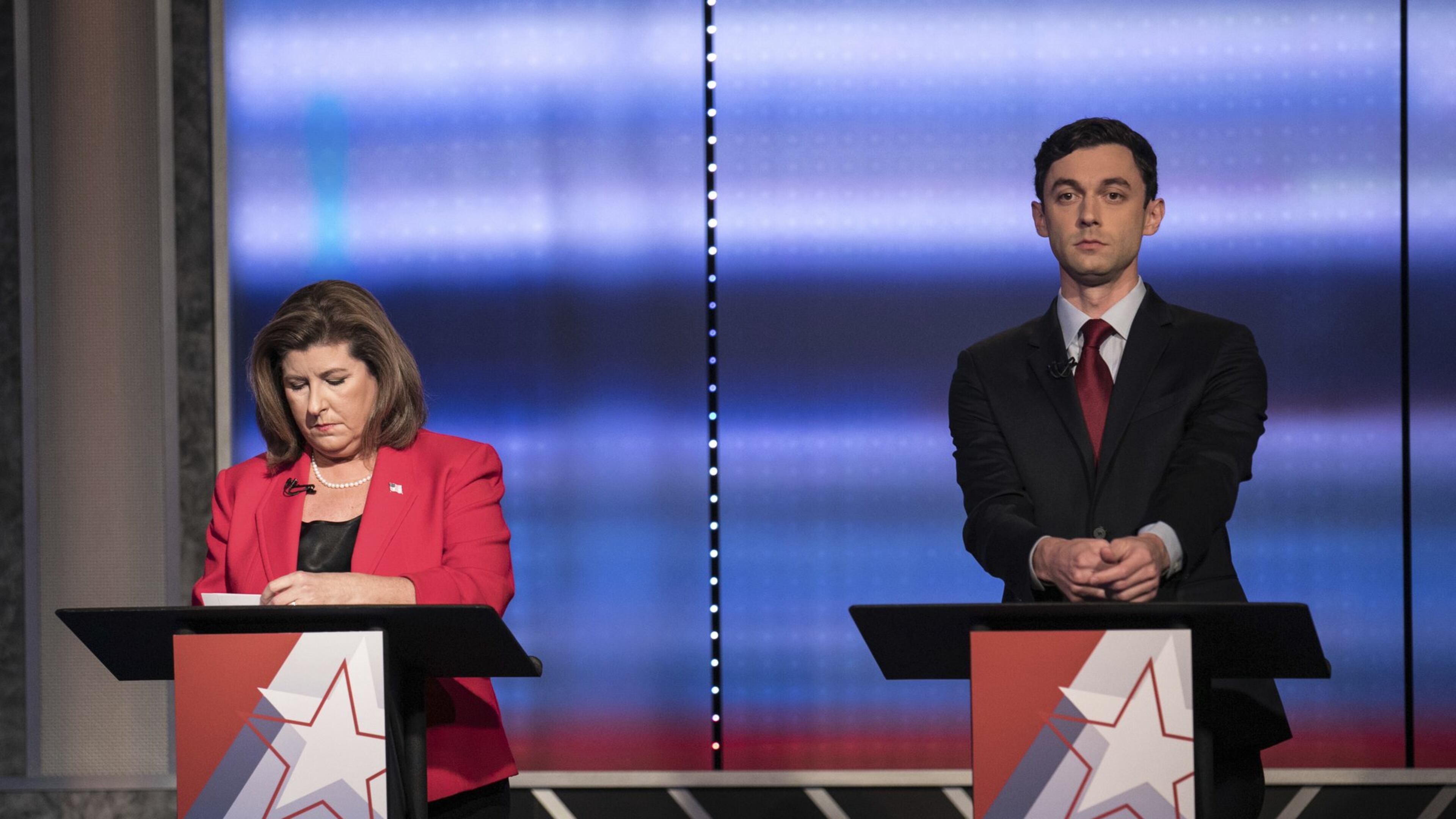 Candidates in Georgia’s 6th Congressional District race Republican Karen Handel, left, and Democrat Jon Ossoff prepare to debate Tuesday, June 6, 2017, in Atlanta. The two meet in a June 20 special election.(Branden Camp/Atlanta Journal-Constitution via AP)