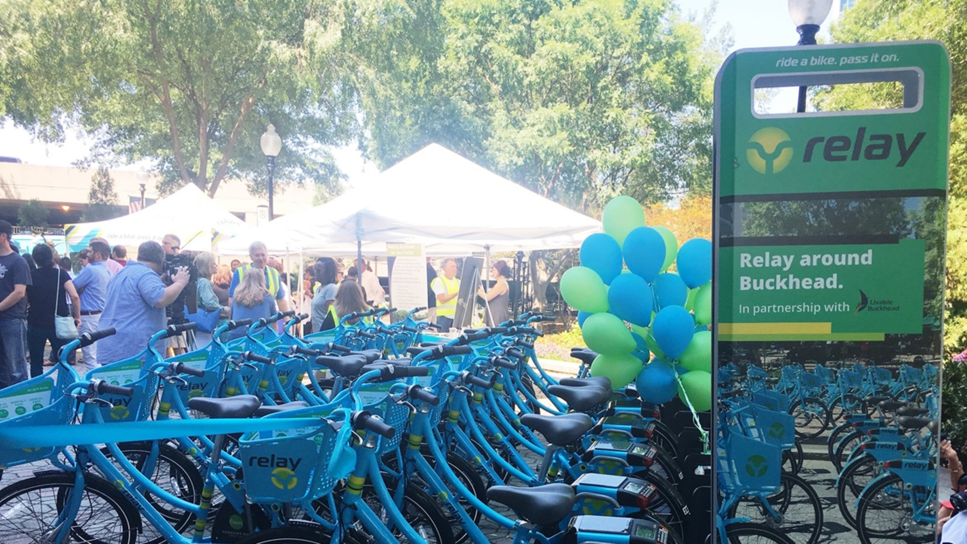 A recent ribbon-cutting ceremony at Tower Place Park unvieled three Relay bike sharing stations in Buckhead. CONTRIBUTED
