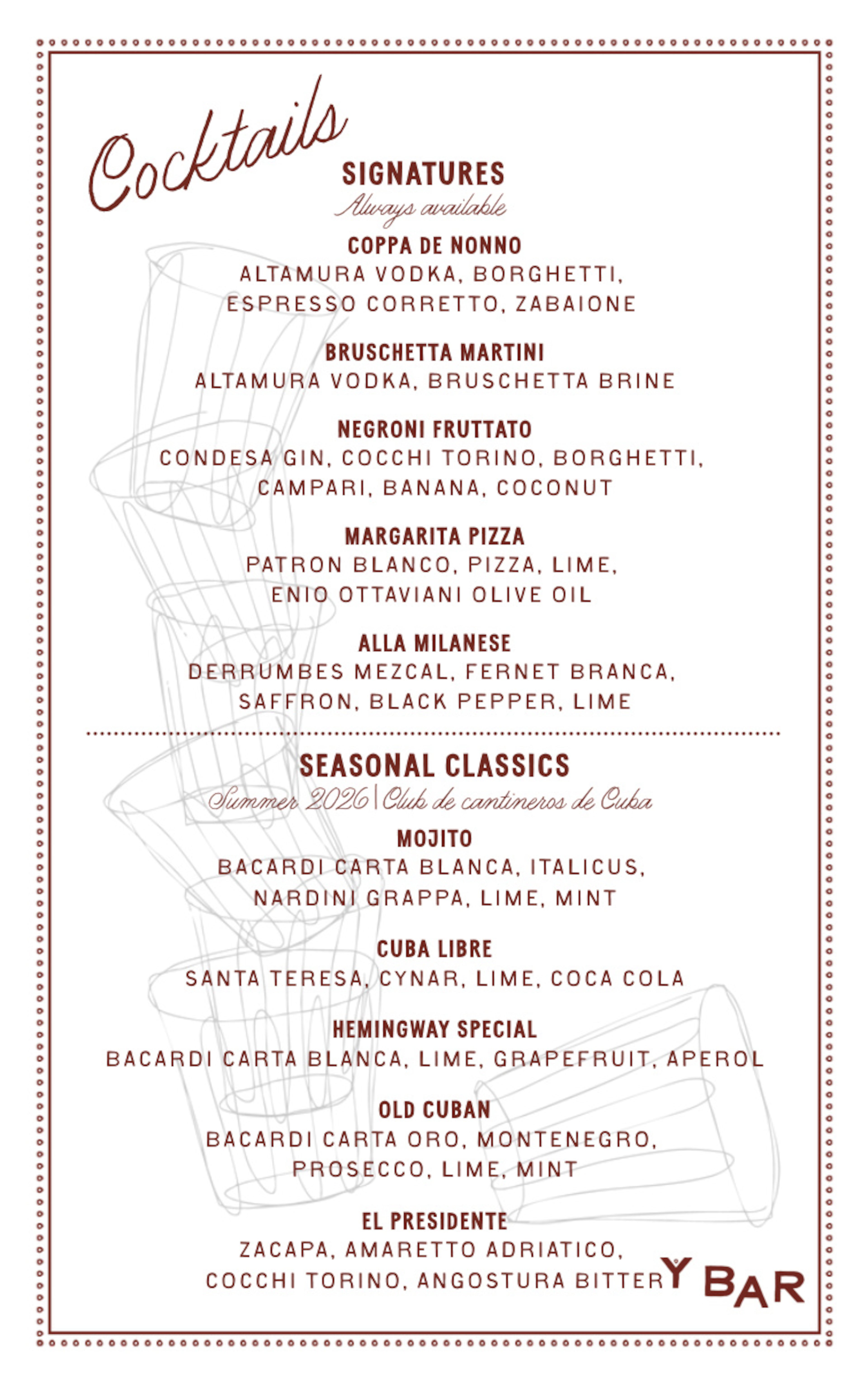 The cocktail menu at Y Bar e Ristorante in Buckhead Village. (Courtesy of Y Bar e Ristorante)