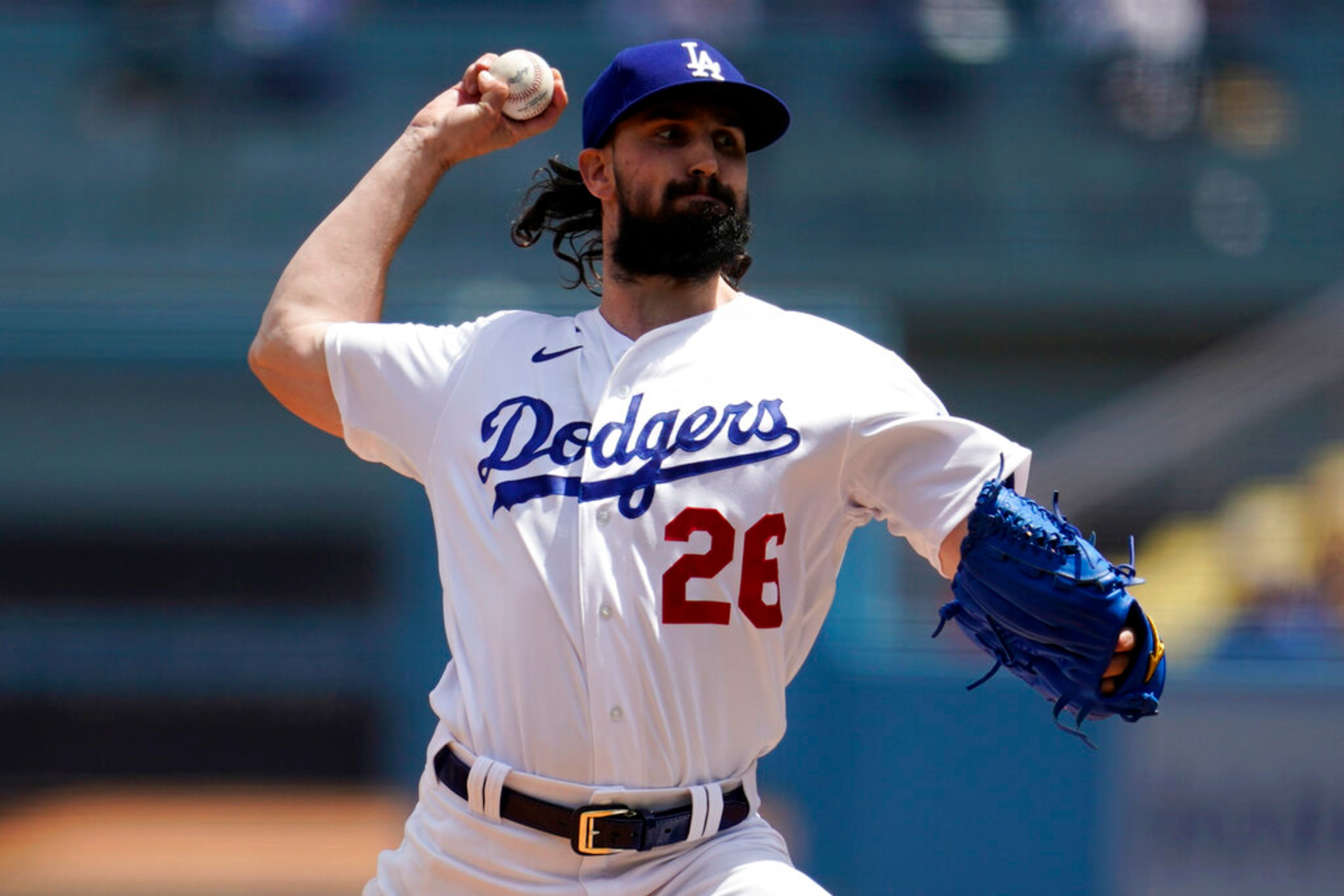 Los Angeles Dodgers starting pitcher Tony Gonsolin throws to an Atlanta Braves batter during the first inning of a baseball game Wednesday, April 20, 2022, in Los Angeles. (AP Photo/Marcio Jose Sanchez)