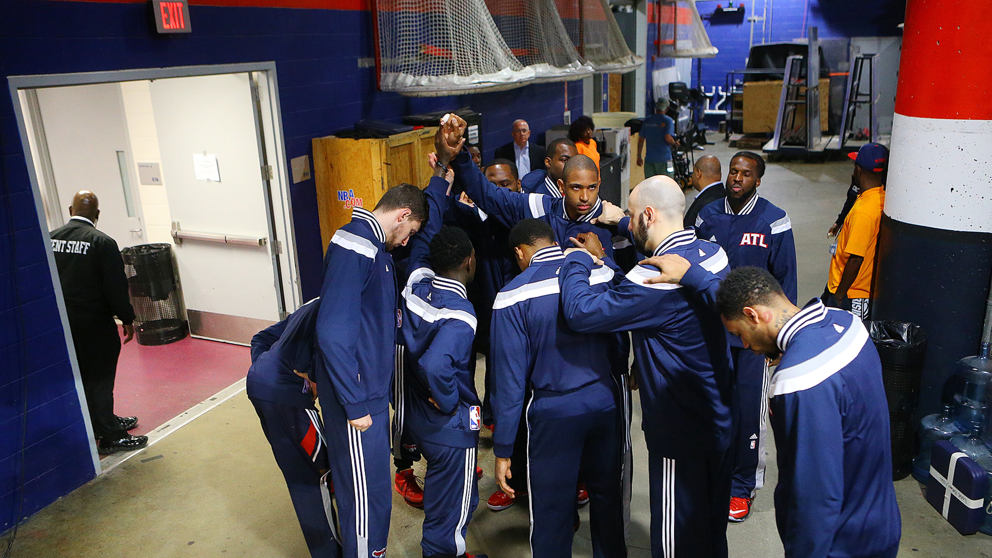 Al Horford and the Atlanta Hawks gather in the tunnel before taking the court to play the Wizards in their Eastern Conference Semifinals game 4 on Monday, May 11, 2015, at the Verizon Center in Washington, D.C. Curtis Compton / ccompton@ajc.com