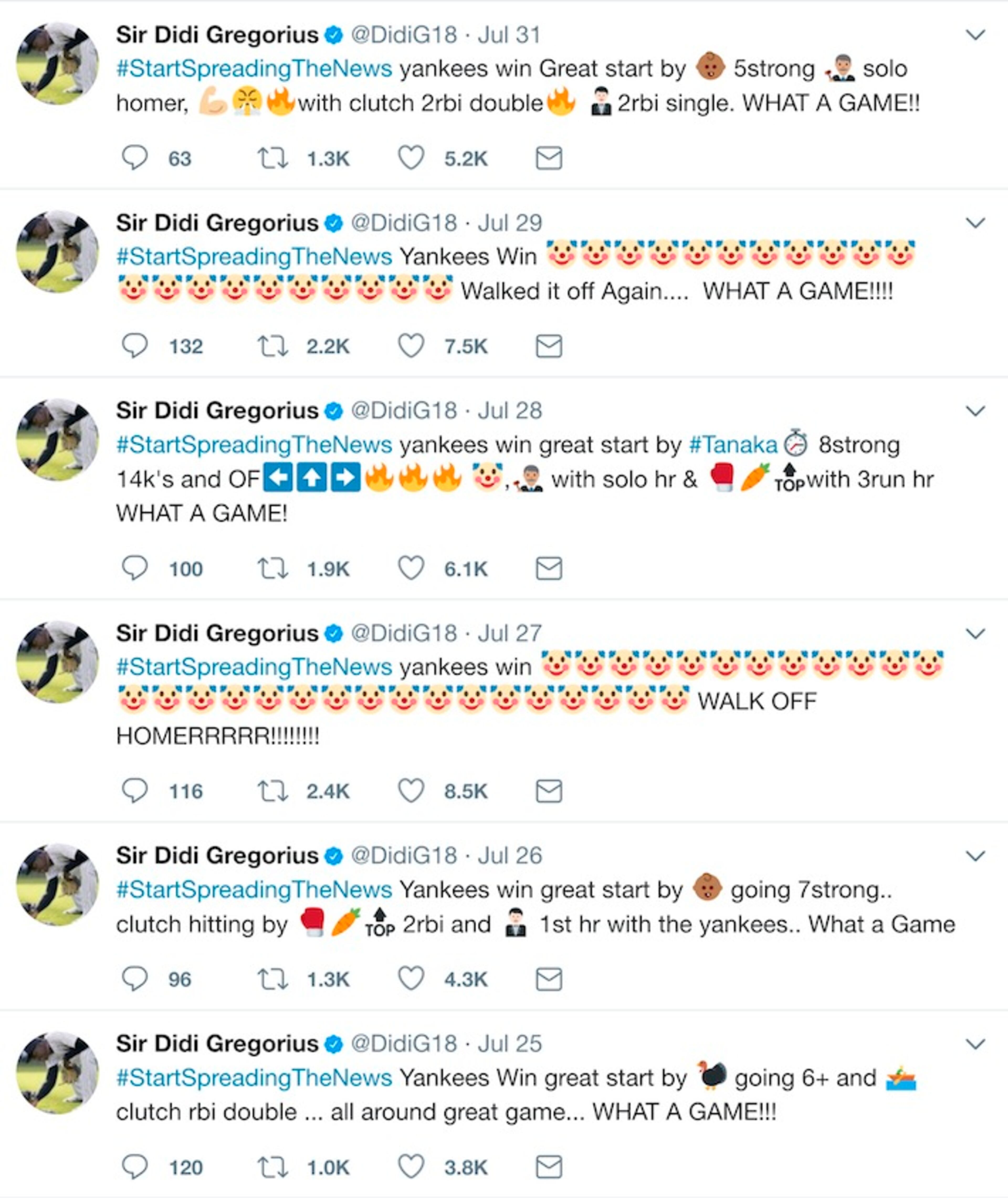 In this image from Twitter, New York Yankees Didi Gregorius creatively used emojis to recap Yankees wins on his Twitter feed. A franchise known for the Babe, the Boss and the Iron Horse has a new set of nicknames. Clown face (Brett Gardner) is in left, bow and arrow (Jacoby Ellsbury) competes for time in center and male judge (medium skin tone) is stationed in right, Aaron Judge, if you haven't figured that out. These monikers are all bestowed by Gregorius. After wins, the shortstop tweets highlights and praise using emojis for teammates in his own digital hieroglyphs. (Twitter via AP)